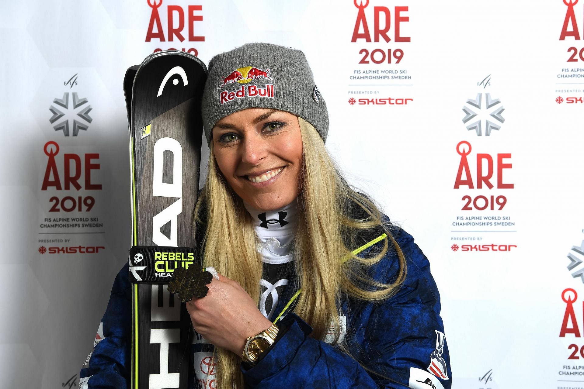 Lindsey Vonn of the USA wins the bronze medal during the FIS World Ski Championships Women&#039;s Downhill on February 10, 2019 in Are Sweden