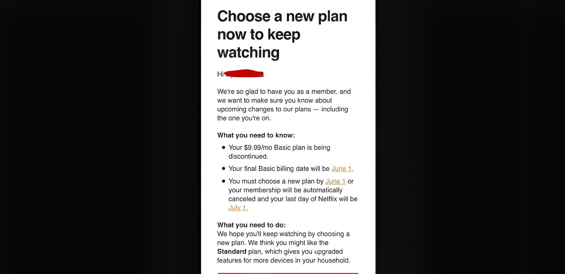 A screenshot showing Netflix&#039;s email to its Basic plan users (via X/@AnonTips1223344)