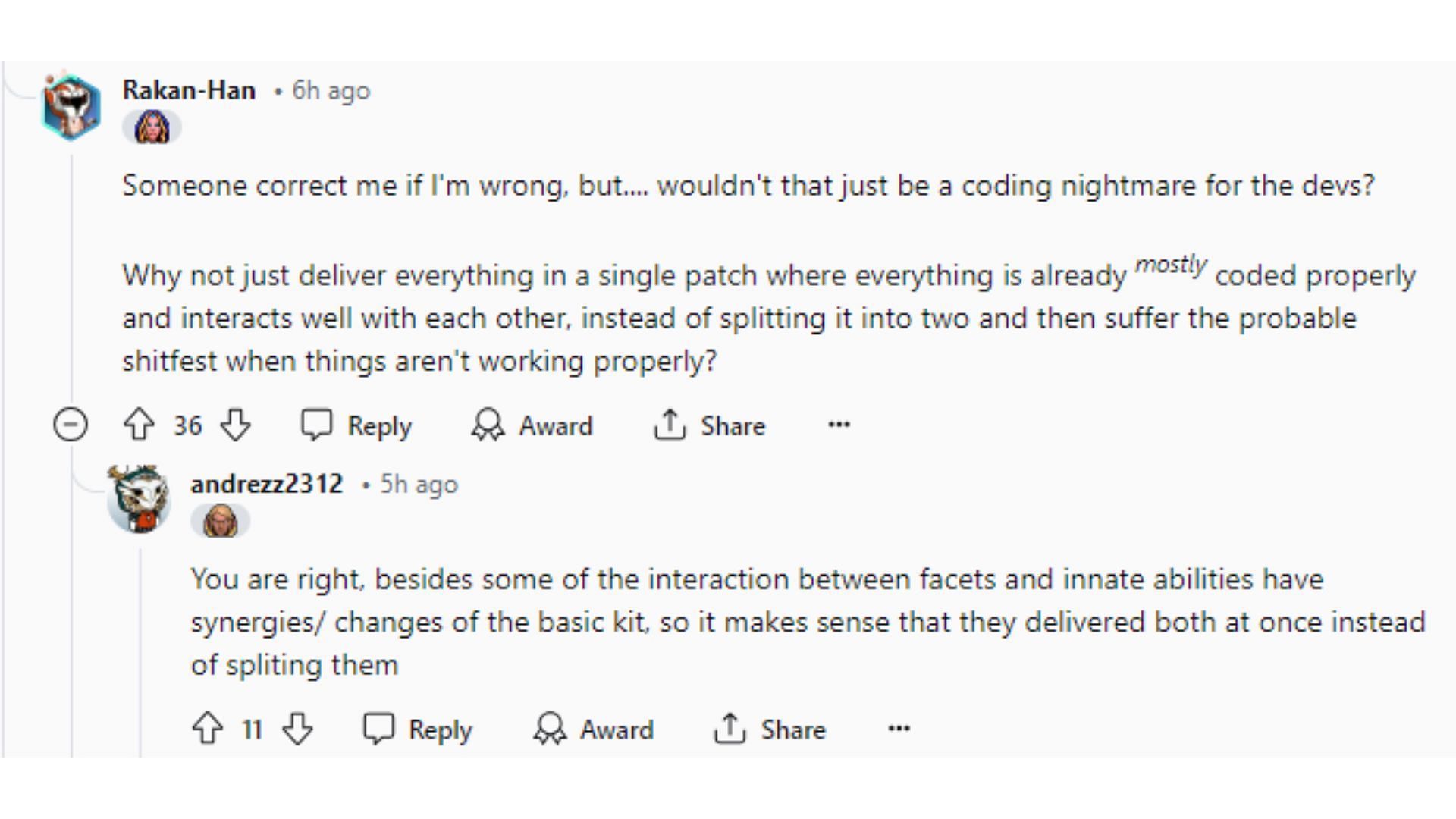 Players discuss the complex work and reasoning behind coding the new Facets and Innate abilities into the game together (Image via Reddit)