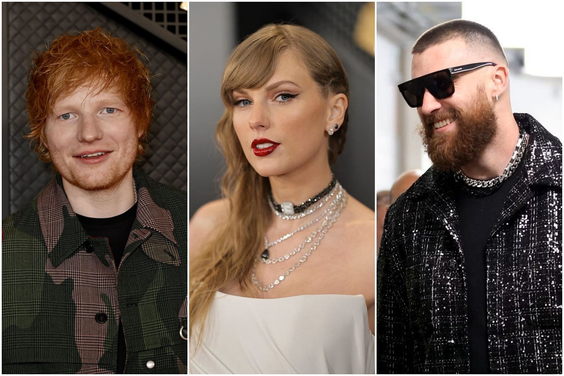 Ed Sheeran (L), Taylor Swift (C), and Travis Kelce (R) (Collage via Sportskeeda)
