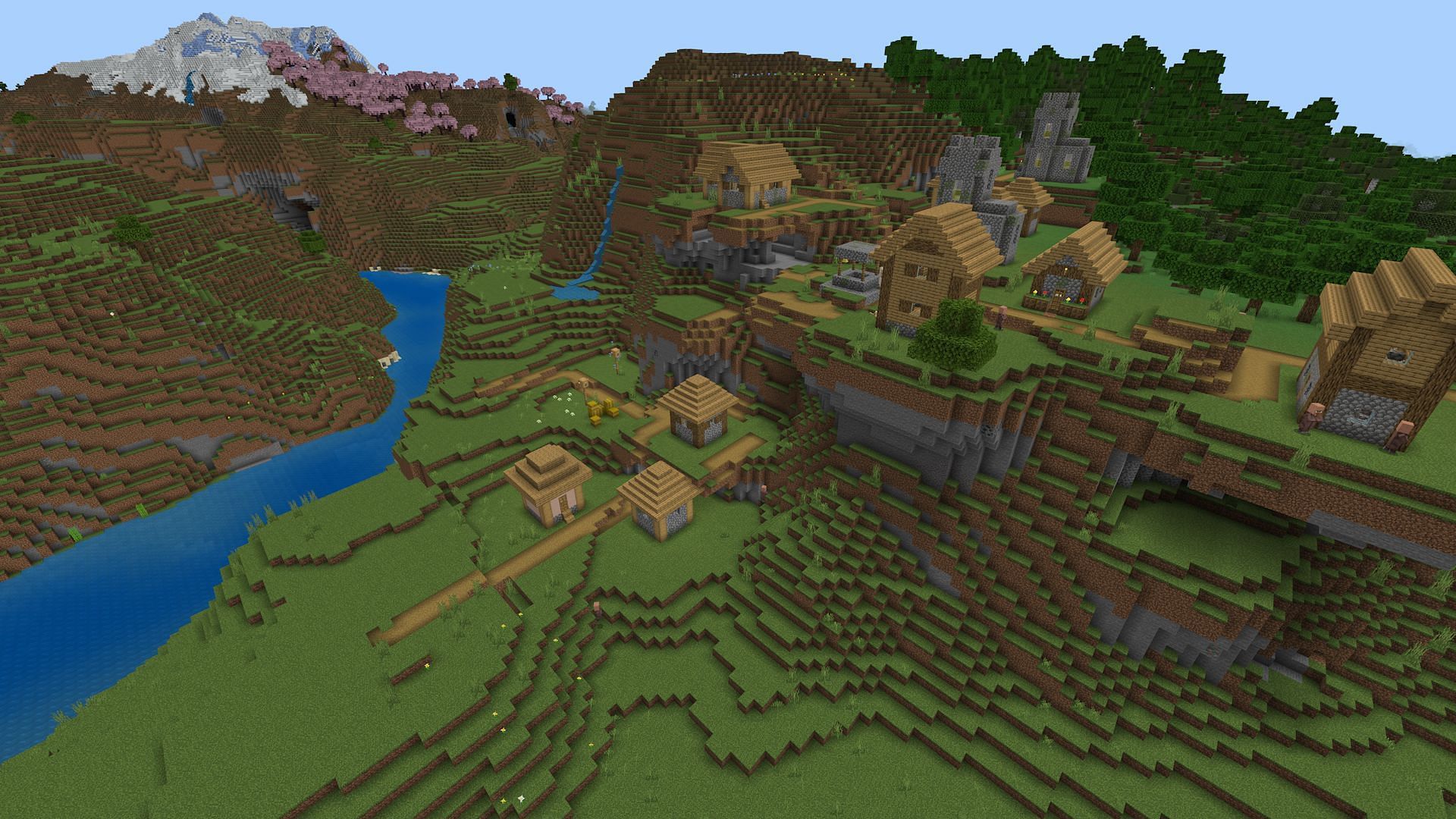 A strange vertical village found on this seed (Image via Mojang)