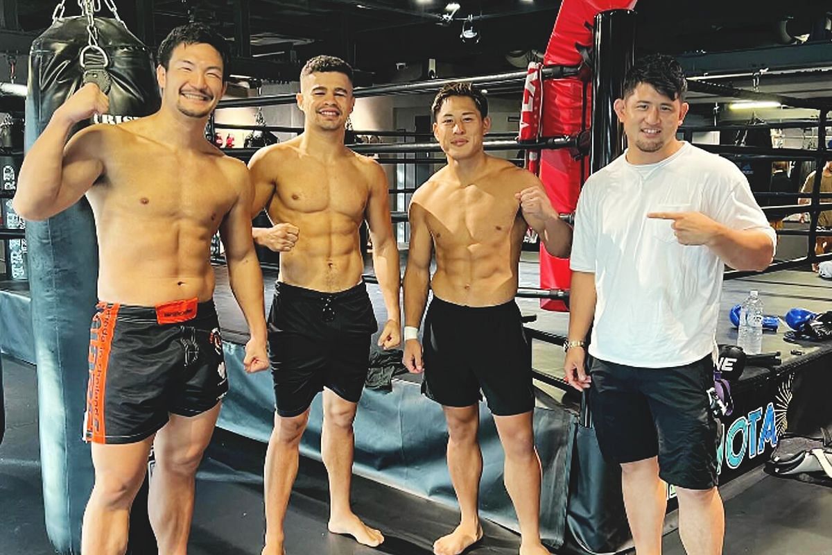 Fabricio Andrade (second from left) trains with Shintaro Matsukura (left) and Taiga Kawabe (second from right).