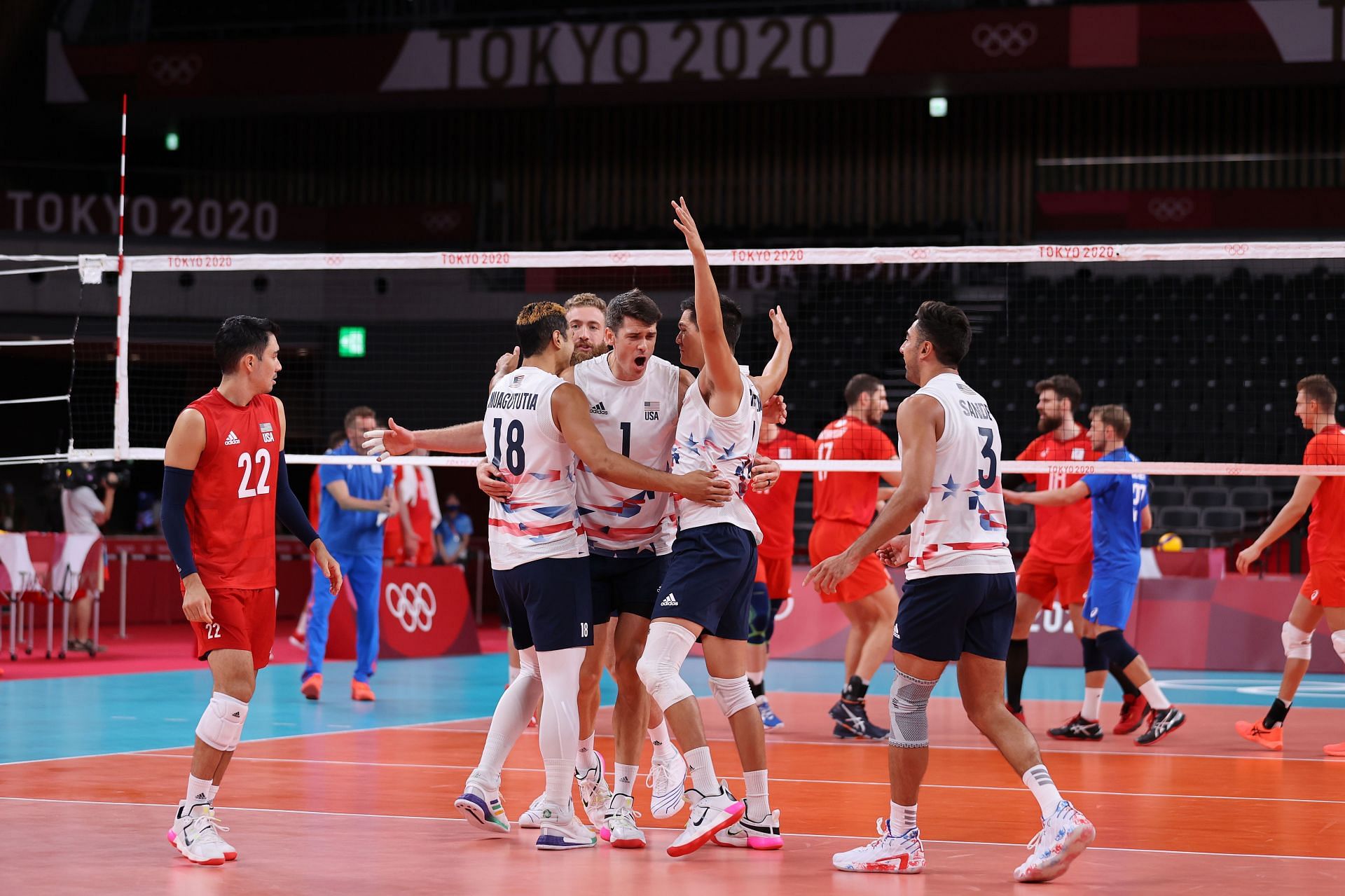 Team United States celebrates against Team ROC during the Men&#039;s Preliminary Round - Pool B at the Tokyo 2020 Olympic Games. (Photo by Toru Hanai/Getty Images)