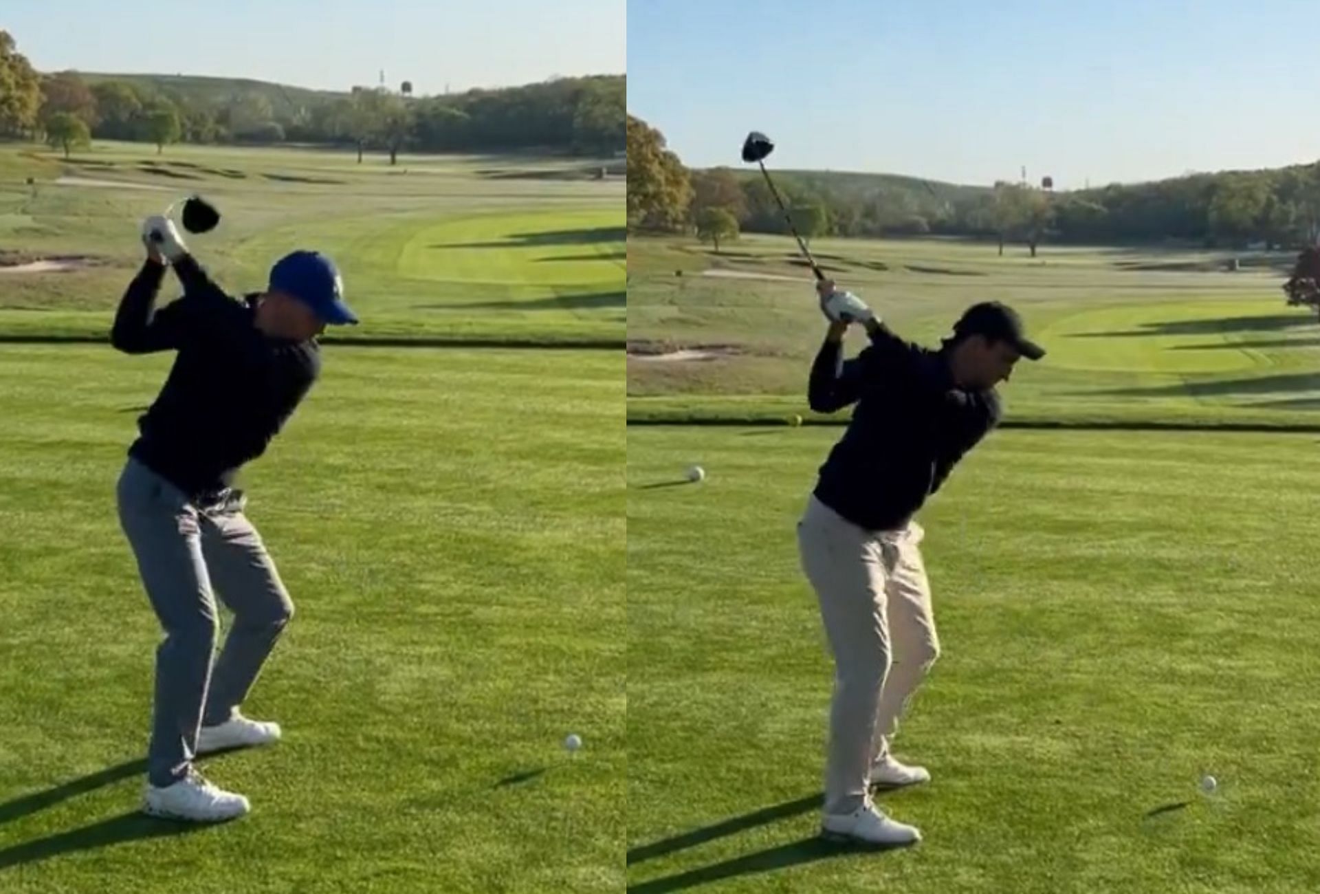 Luke Donald and Edoardo Molinari teeing up at Bethpage Black (Image via X @RyderCupEurope).