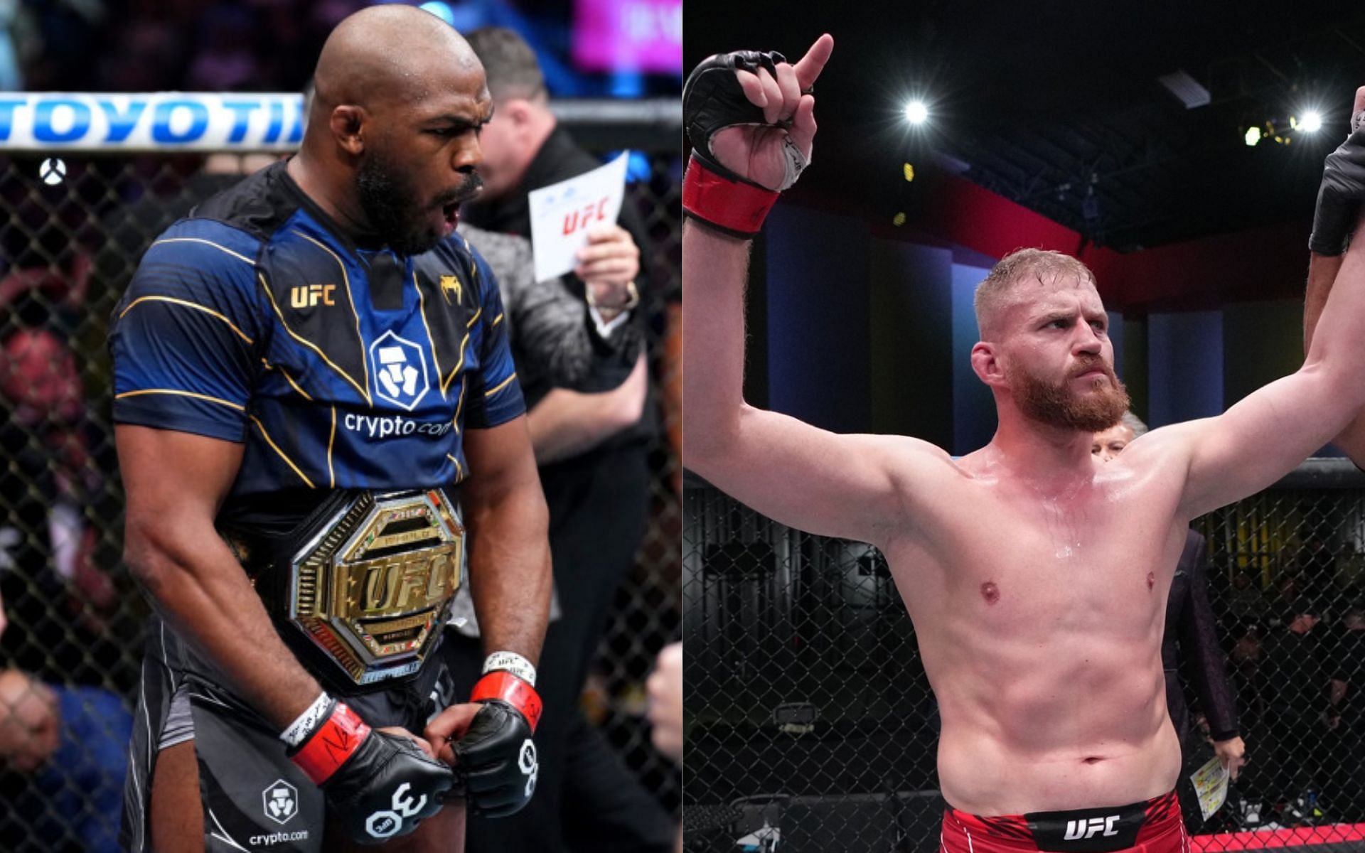 Jan Blachowicz (right) responds to Jon Jones