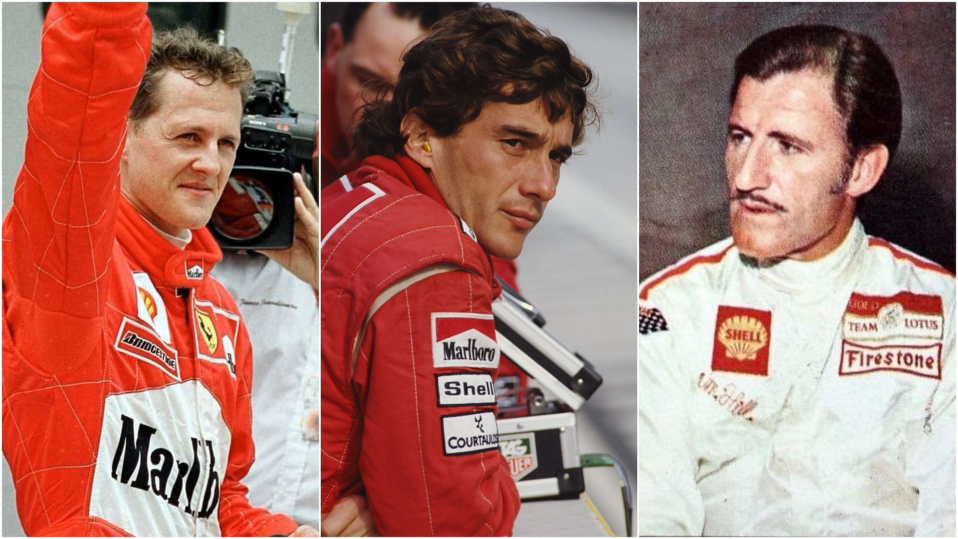 Michael Schumacher (L), Ayrton Senna (C) and Graham Hill (R) (Collage via Sportskeeda)