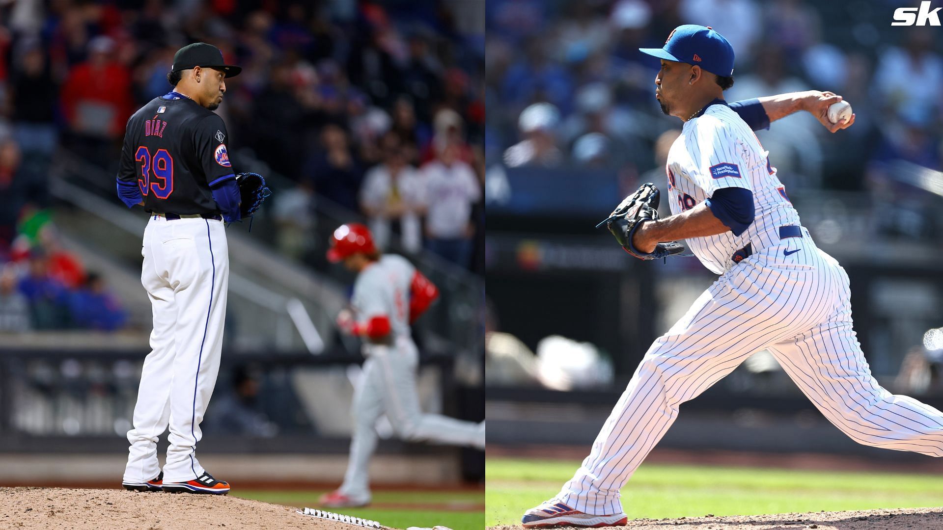 Closer Edwin D&iacute;az of the New York Mets stares into the outfield as Bryson Stott of the Philadelphia Phillies rounds the bases after he hit a home run during the ninth inning at Citi Field