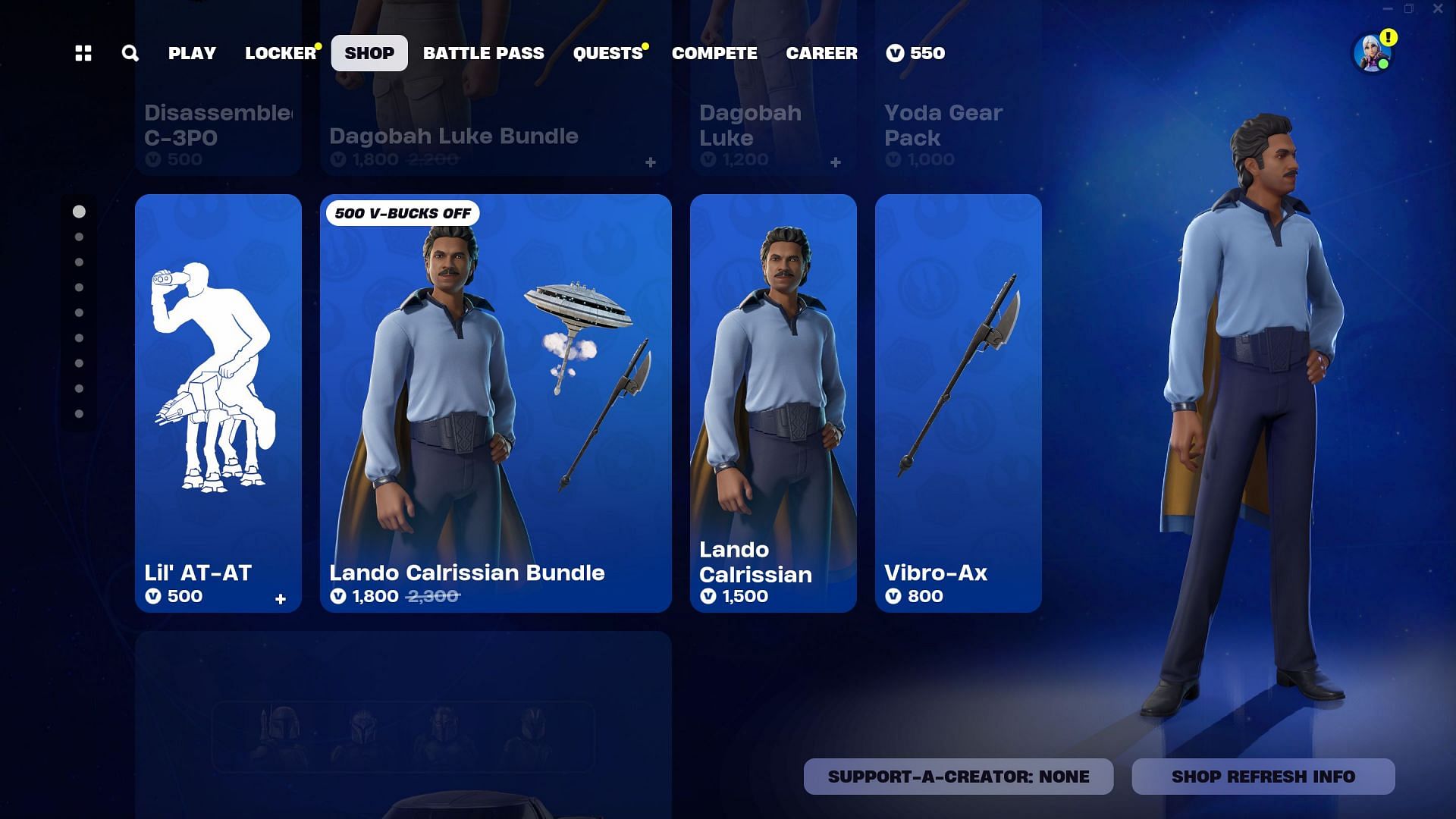 Lando Calrissian skin could be listed until the end of Chapter 5 Season 2 (Image via Epic Games)
