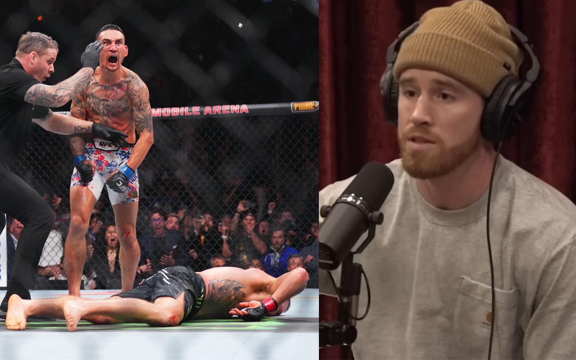 Cory Sandhagen (right) look back at Max Holloway knocking out Justin Gaethje (left) [Images Courtesy: @ufc on X and @powerfuljre on YouTube]