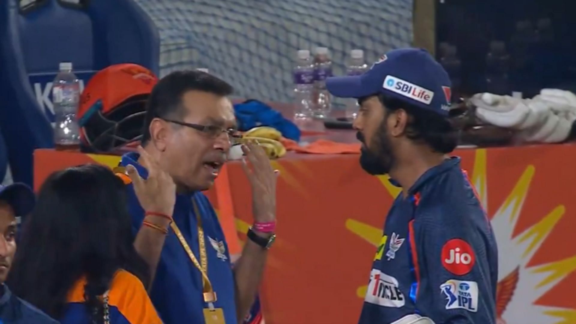 LSG owner Sanjiv Goenka (L) has recived scrutiny on social media for his animated talk with KL Rahul