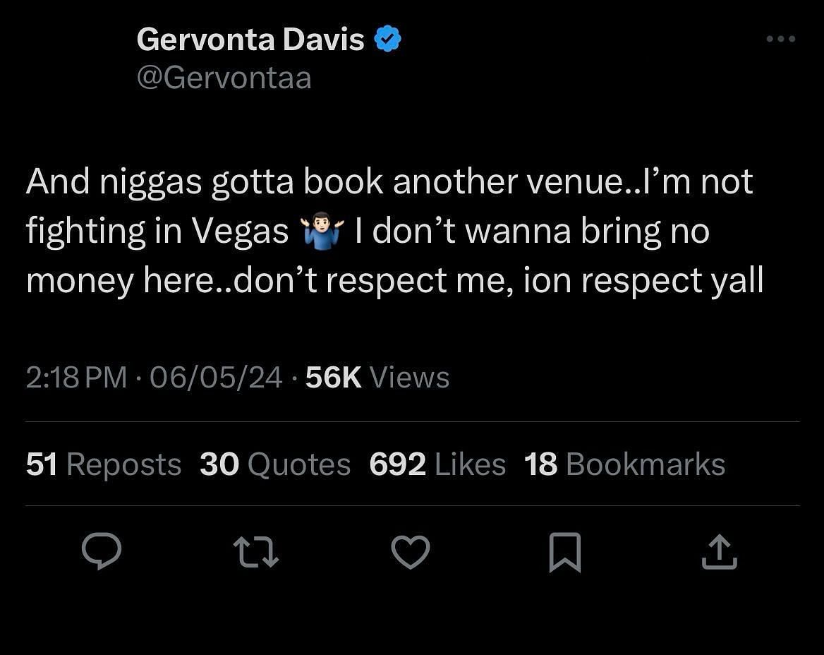 Gervonta Davis Tweet. Credits - The official Twitter handle of Gervonta Davis, @Gervontaa