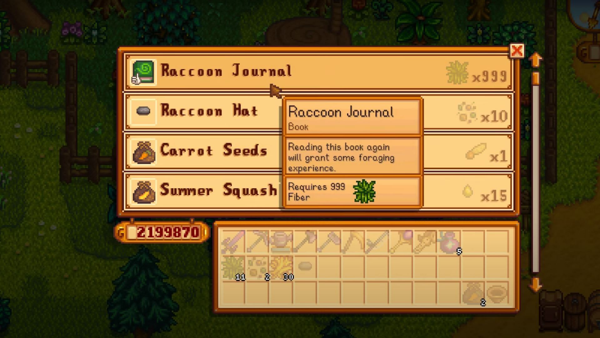 List of items available in the Raccoon Shop (Image via ConcernedApe || YouTube @Veilfyred)