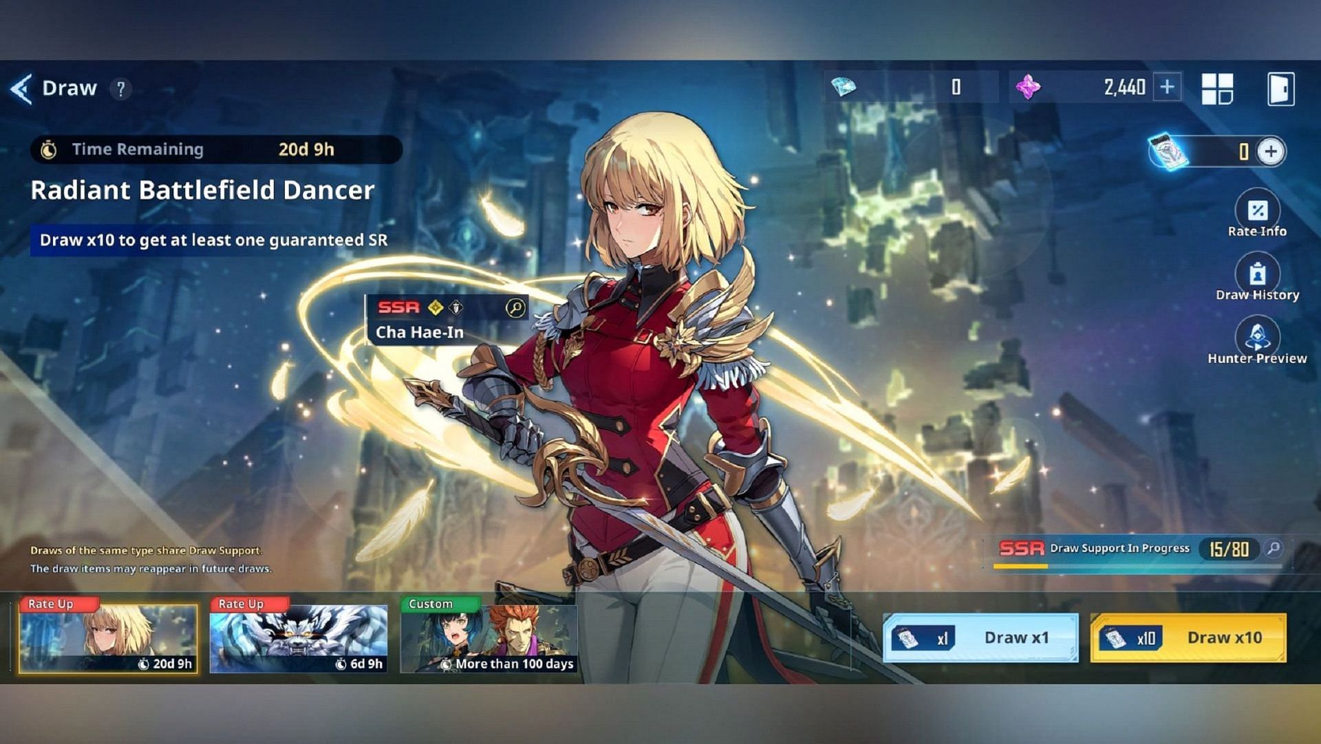 An in-game screenshot of the Rate-Up Draw banner, Radiant Battlefield Dancer, featuring Cha Hae-In. (Image via Netmarble)