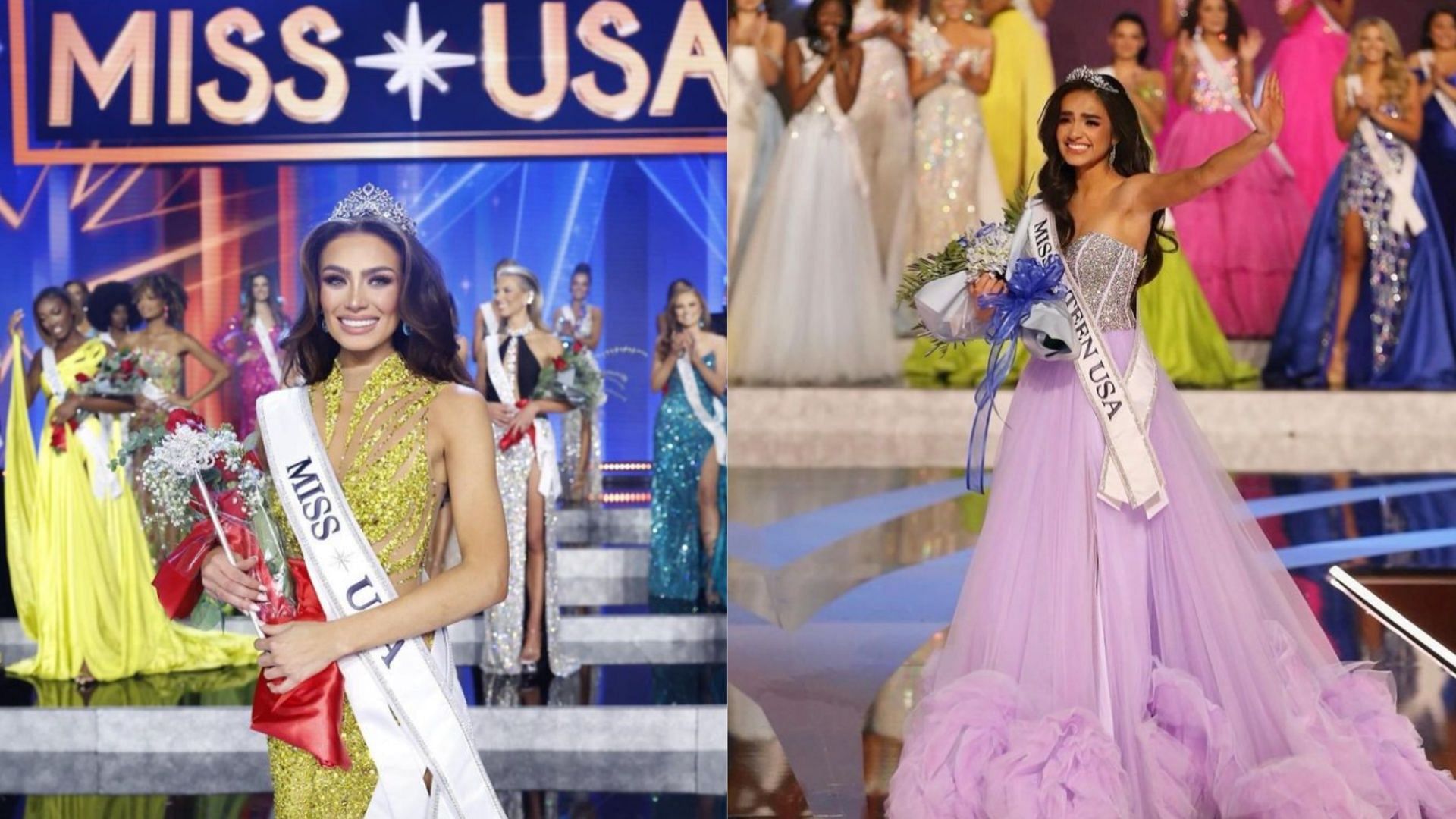 Noelia Voigt and UmaSofia Srivastava during their winning moments at Miss USA 2023 and Miss Teen USA 2023 respectively. (Image via Instagram/ noeliavoigt/ umasofias)