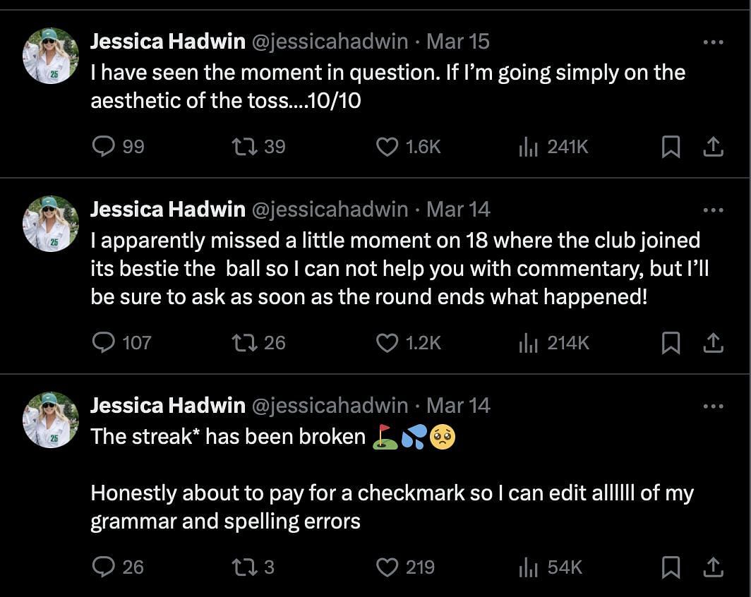 Jessica Hadwin X posts on Adam Hadwin&#039;s 2024 Players&#039; incident