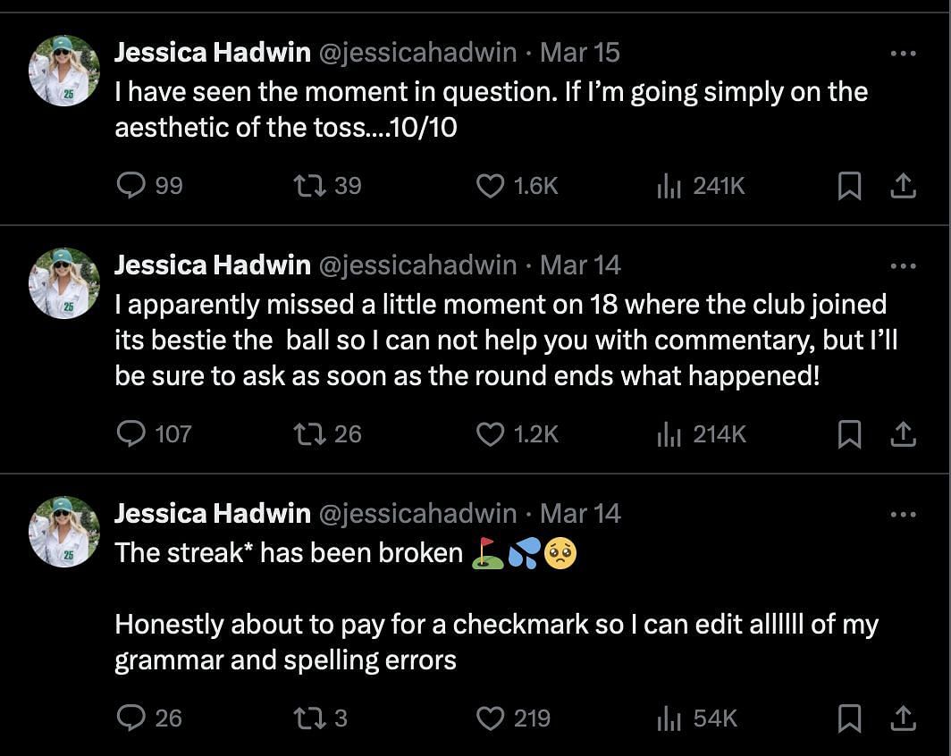 Jessica Hadwin X posts on Adam Hadwin's 2024 Players' incident