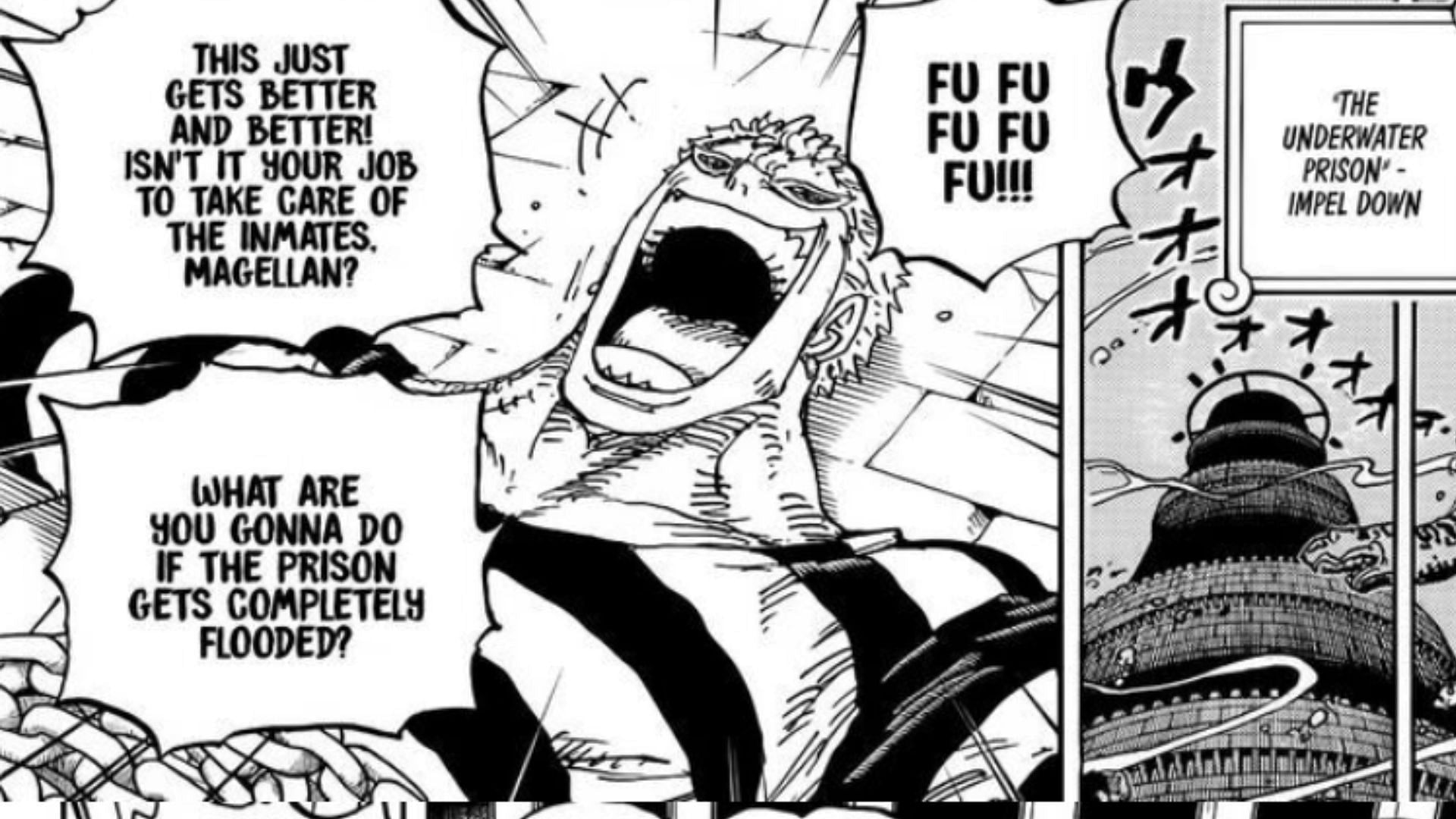 Doflamingo talks to Magellan about the upcoming Great Flood (Image via Shueisha)