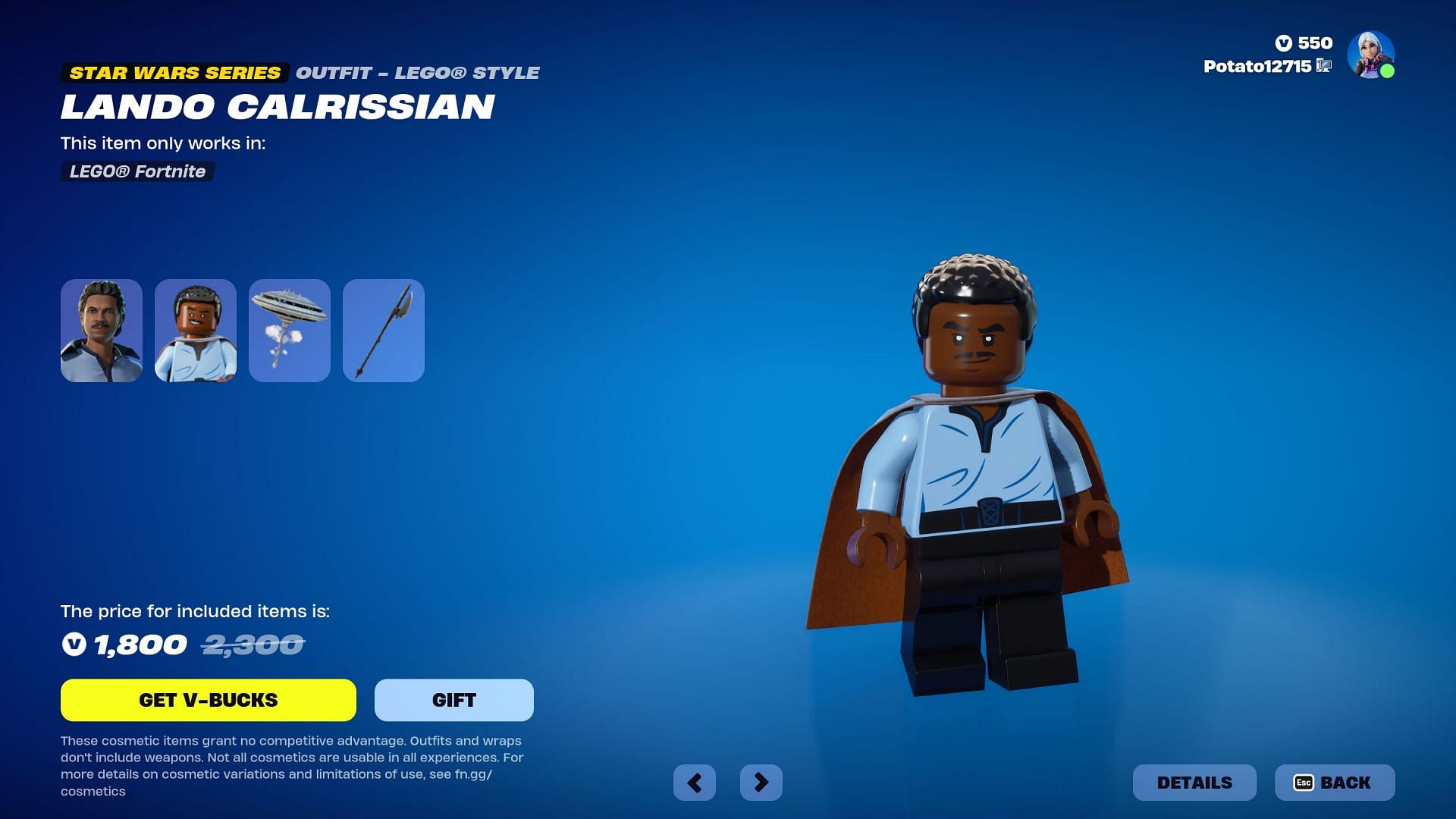 Lando Calrissian skin is currently listed in the Item Shop (Image via Epic Games)