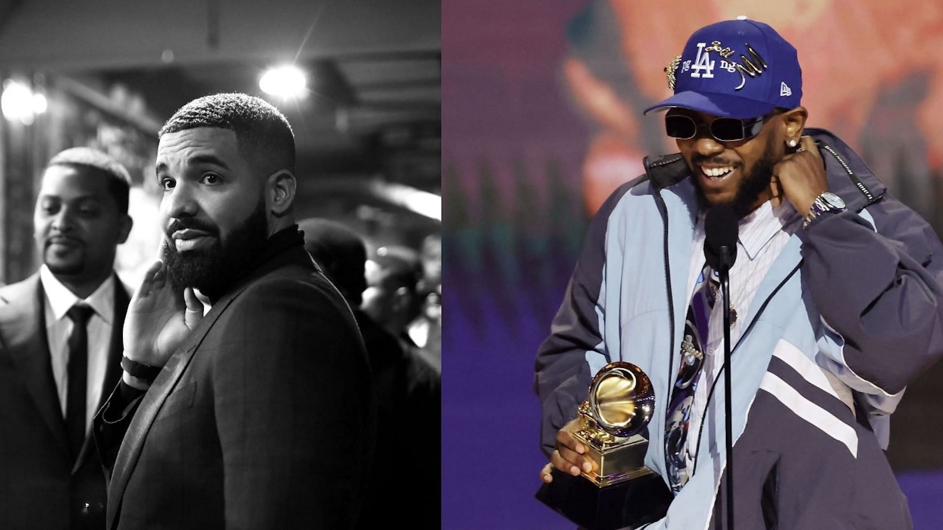 Drake backstage during the 61st Annual GRAMMY Awards and Kendrick Lamar accepts the Best Rap Album award for &ldquo;Mr. Morale &amp; The Big Steppers&rdquo; onstage during the 65th GRAMMY Awards (Photo by Rich Fury and Kevin Winter/Getty Images for The Recording Academy)