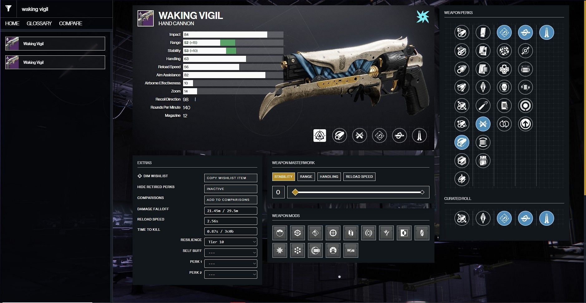 Waking Vigil PvE god roll (Image via D2Gunsmith) 