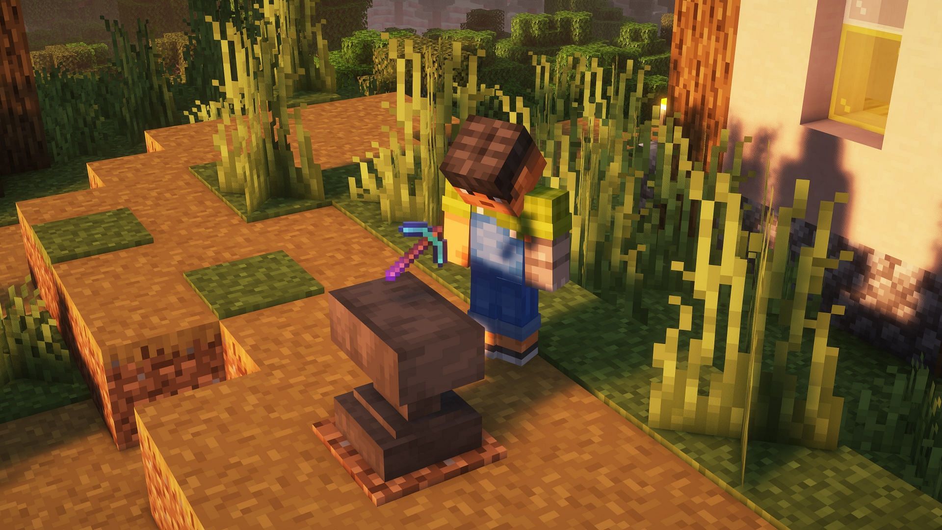 Player with an enchanted pickaxe (Image via Mojang)