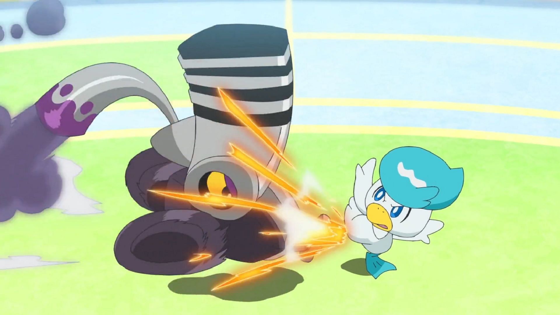 Quaxly gains the upper hand as Dot overcomes her stage fright in Pokemon Horizons Episode 49 (Image via The Pokemon Company)