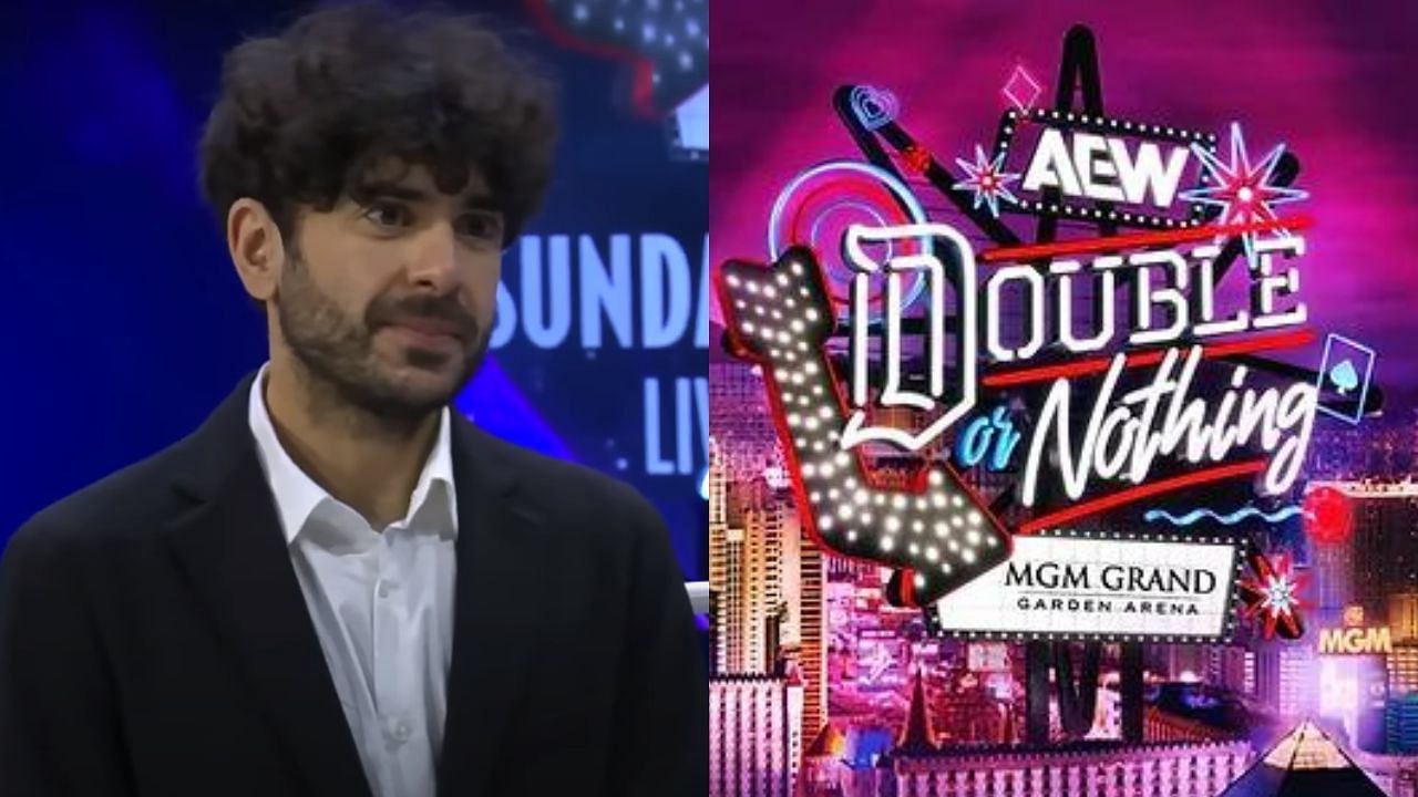 Tony Khan (left) and AEW Double or Nothing logo (right)