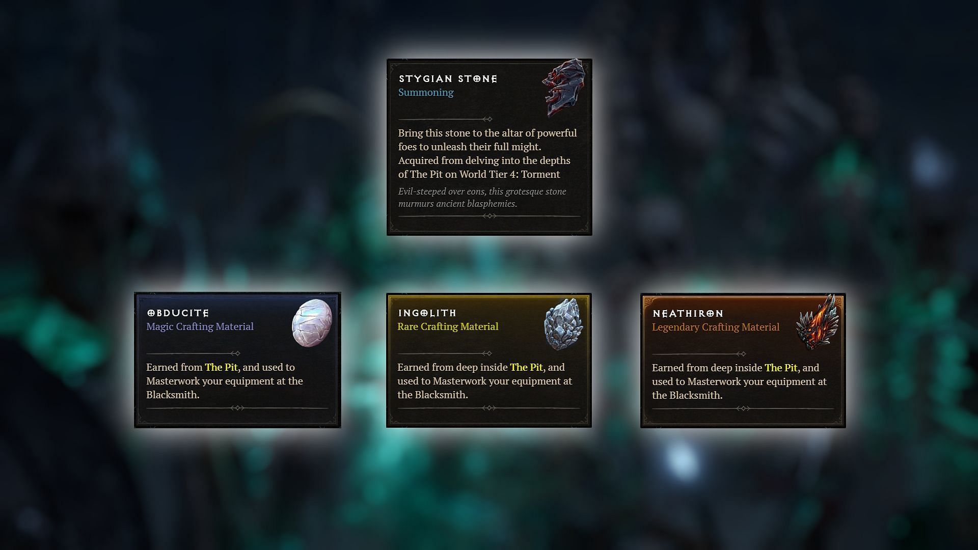 The various rewards for completing Tiers in the Pit of Artificers (Image via Blizzard Entertainment)