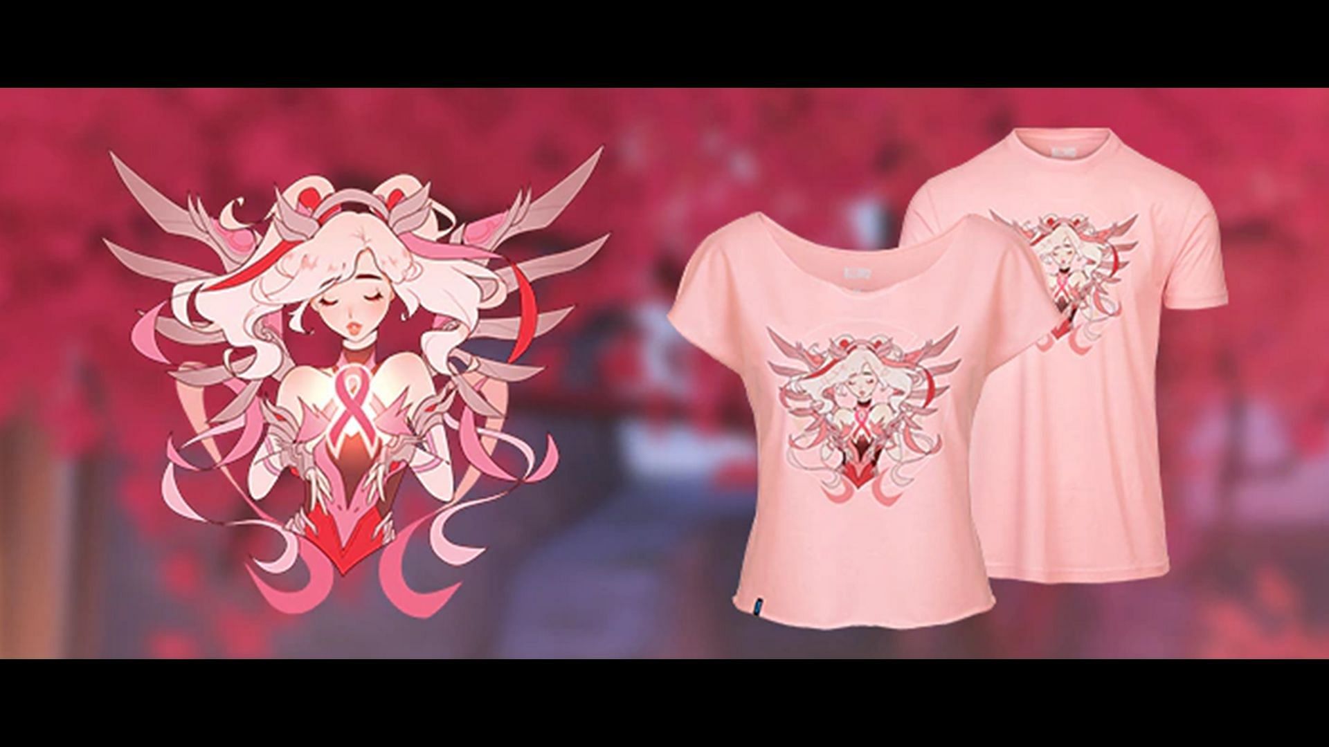 Pink Mercy pin and T-shirt in Overwatch 2 (Image via Blizzard Entertainment and BCRF)