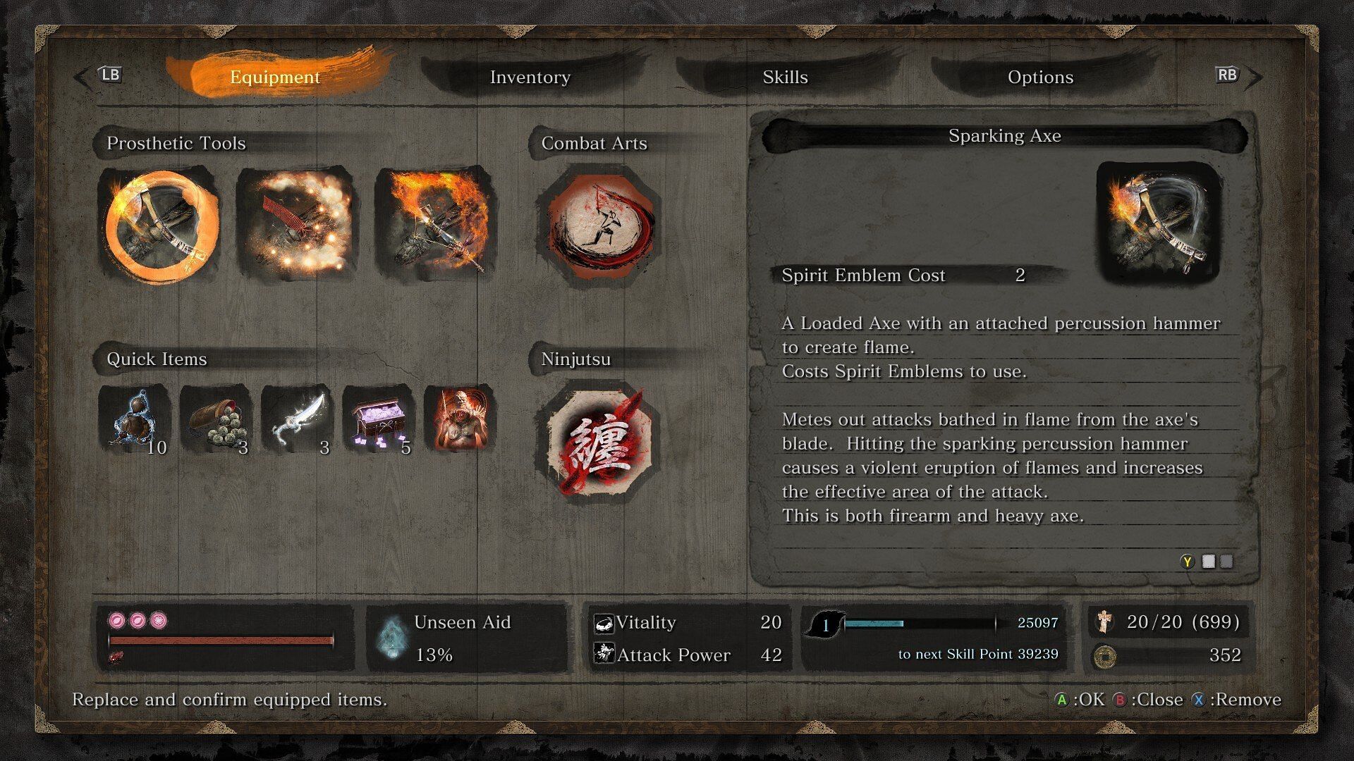 Recommended loadout for the Isshin boss fight in Sekiro (Image via FromSoftware)