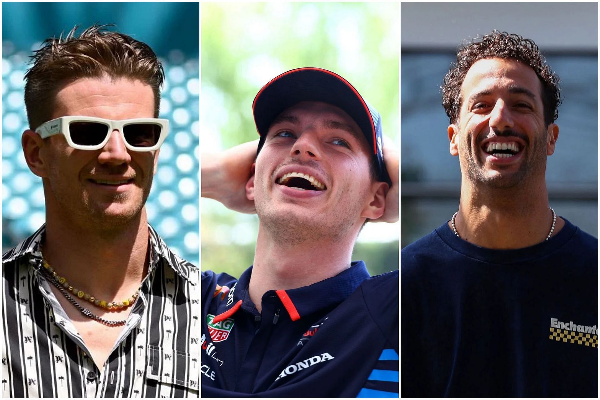 Nico Hulkenberg (L), Max Verstappen (C) and Daniel Ricciardo (R) (Collage via Sportskeeda)