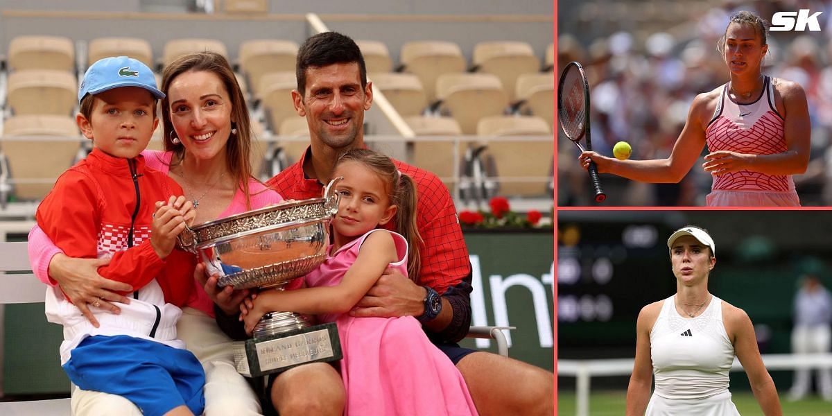 (Left) Novak Djokovic with his family, (top right) Aryna Sabalenka, (bottom right) Elina Svitolina.