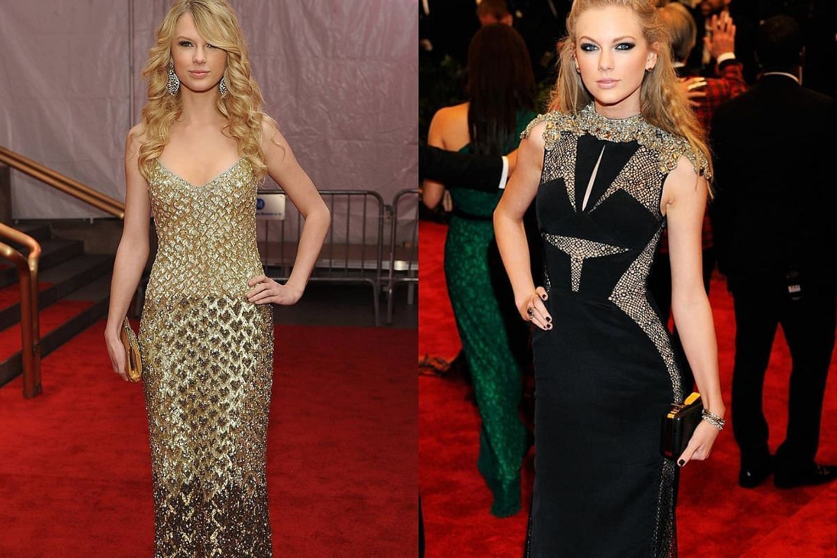 Taylor Swift from Met Gala 2008 and 2013 (Images via Instagram, @evieswiftie5)