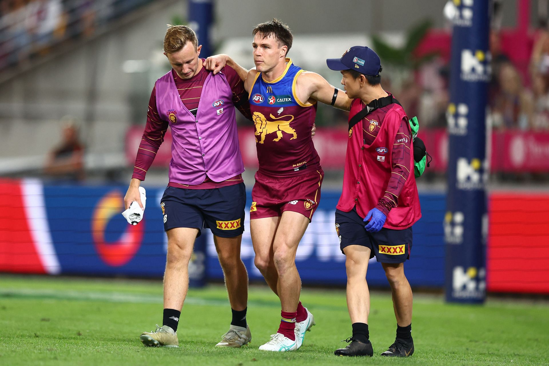 Lincoln McCarthy of the Lions is injured during the round eight AFL match between Brisbane Lions and Gold Coast Suns