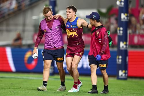 Lincoln McCarthy of the Lions is injured during the round eight AFL match between Brisbane Lions and Gold Coast Suns