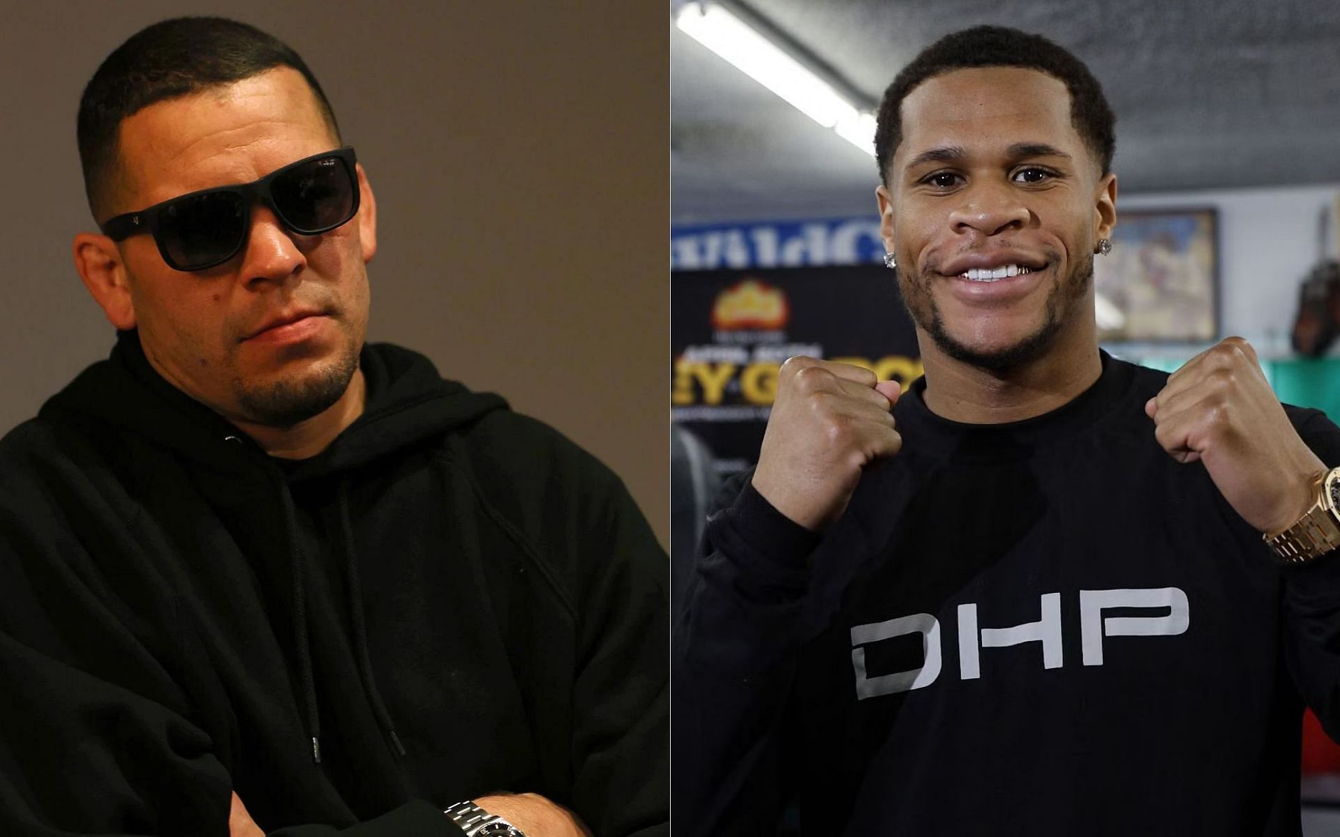 Nate Diaz (left) uploads a post mentioning Devin Haney (right) [Images via Getty]
