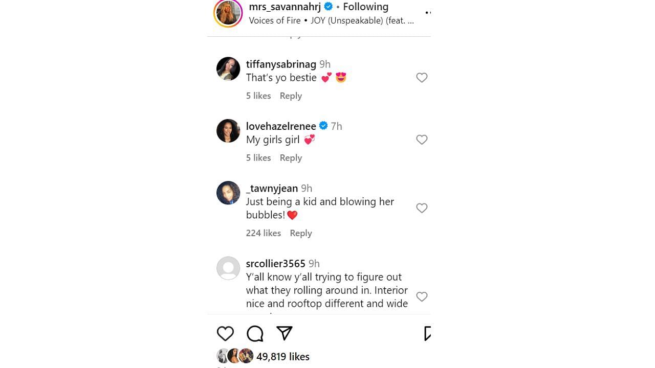 Hazel Renee&#039;s reaction to Savannah James&#039; Instagram post showing Zhuri James.