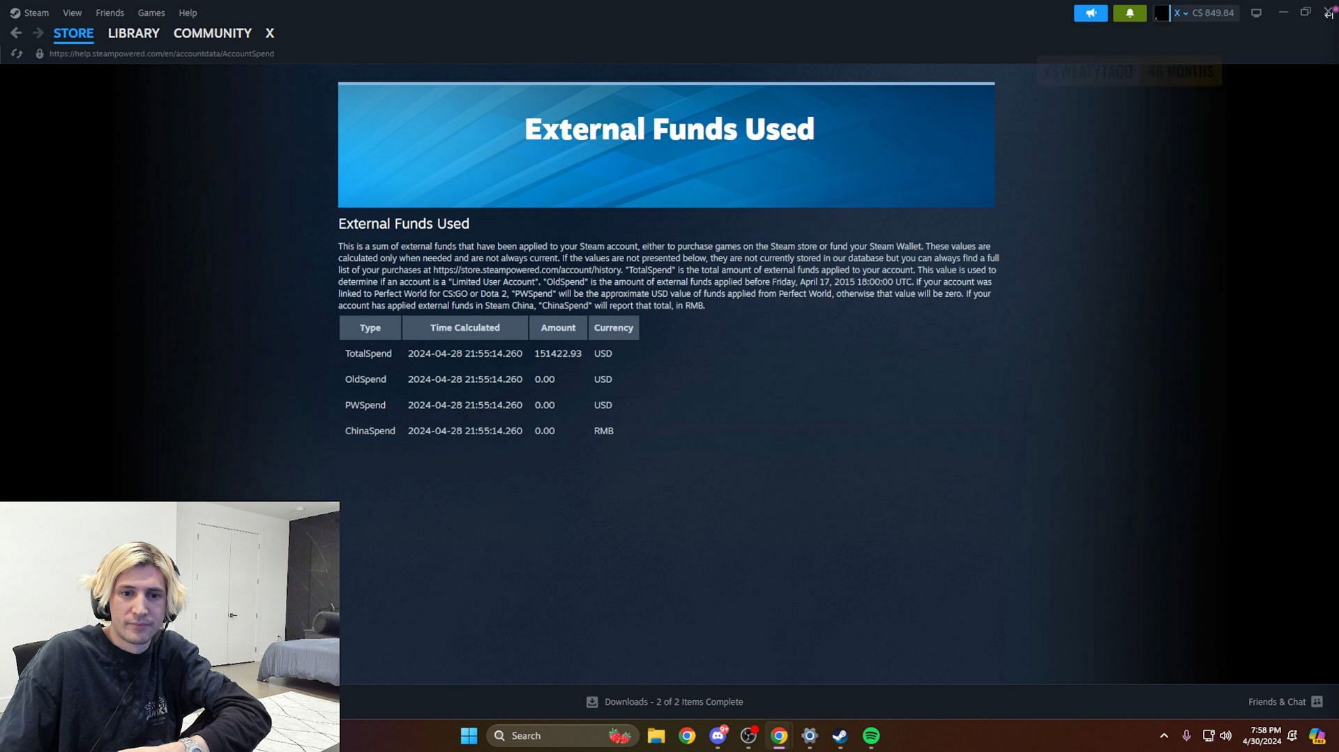 A screenshot from the streamer&#039;s recent Twitch stream during which he revealed &quot;External Funds Used&quot; on Steam (Image via Twitch)