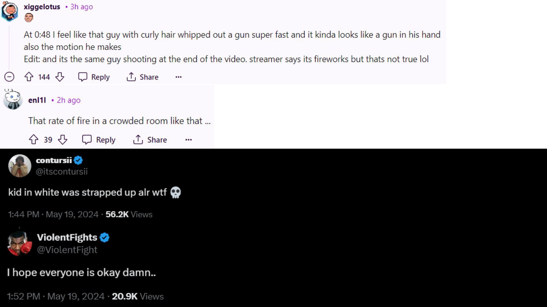 Users from Reddit and X give their remarks regarding the alleged shootout at the after-prom party (Image via r/LivestreamFail and FearedBuck/X)
