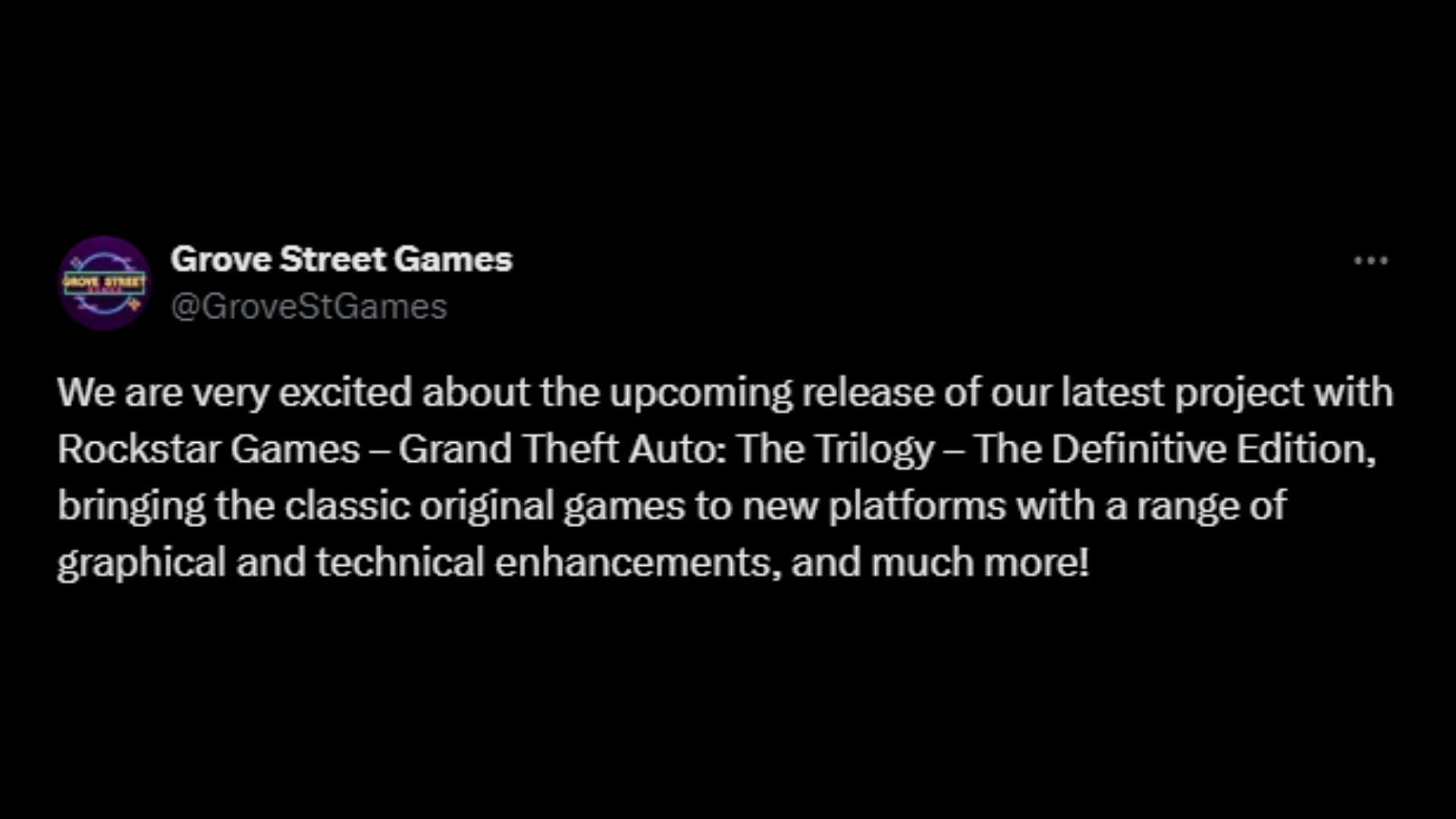 Tweet from Grove Street Games about the remasters (Image via X/@GroveStGames)