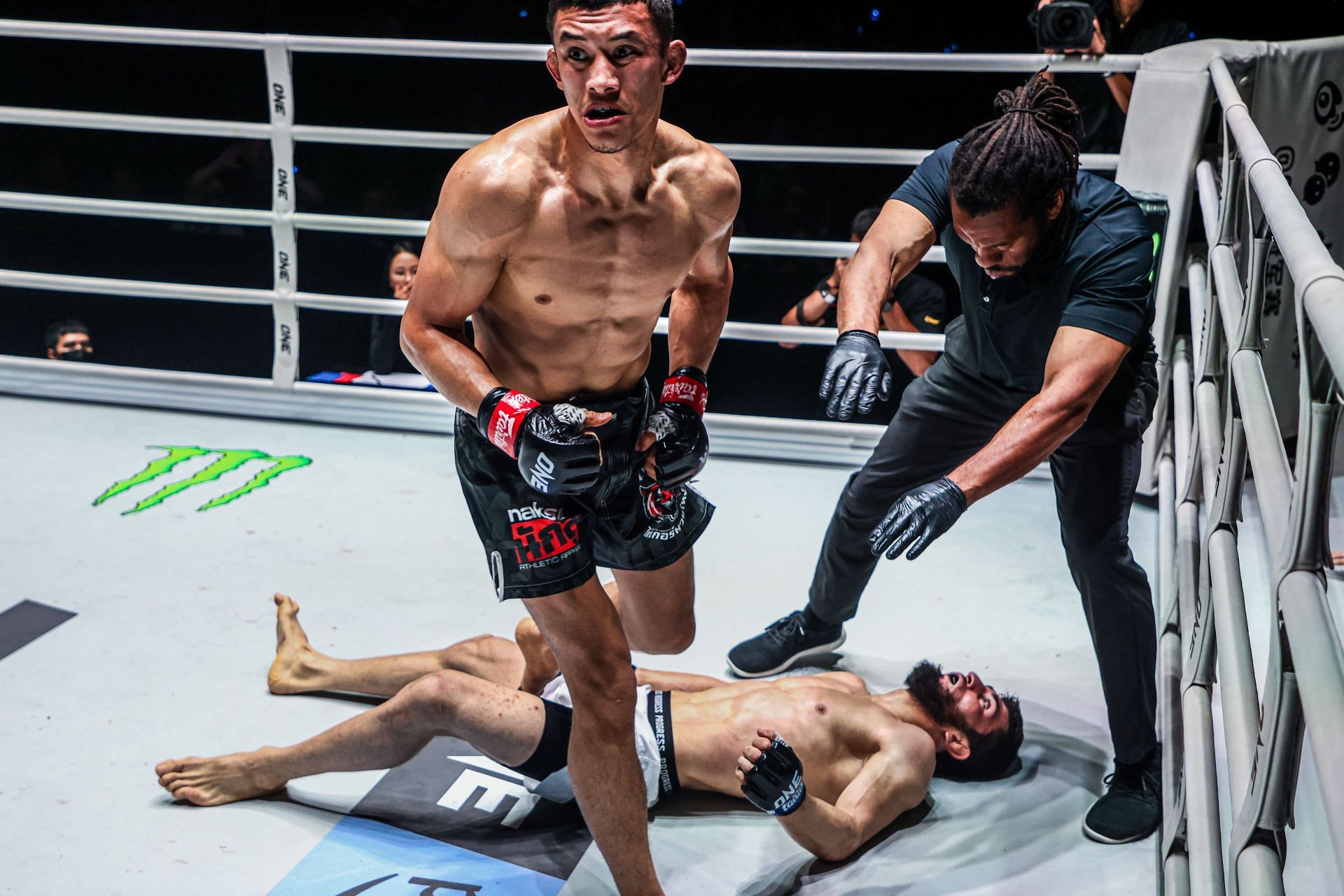 Akbar Abdullaev wheels away after knocking out Halil Amir at ONE Fight Night 22.