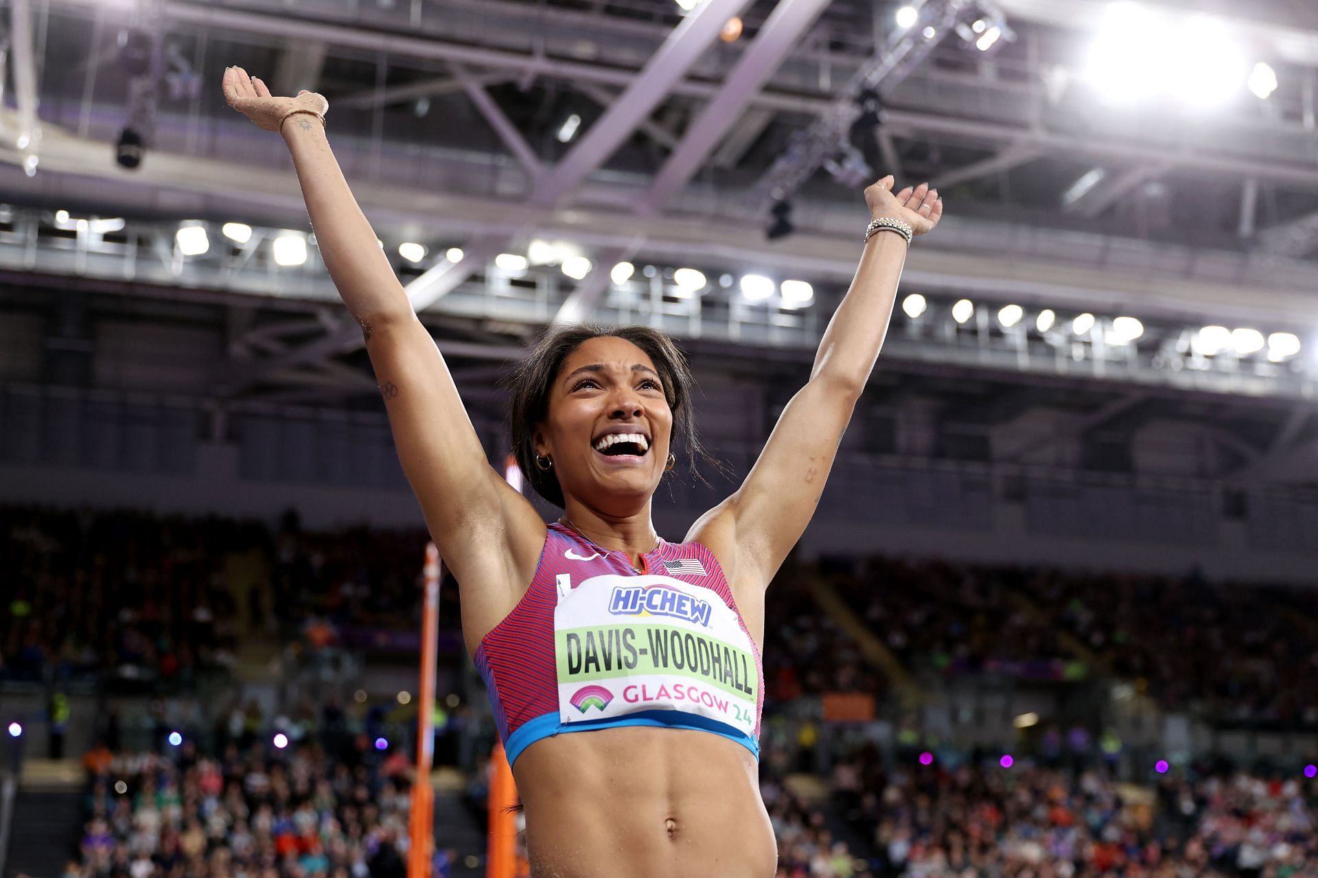 Tara Davis-Woodhall in Woman&#039;s Long Jump Final at World Athletics Indoor Championships Glasgow 2024. (Photo by Michael Steele/Getty Images)