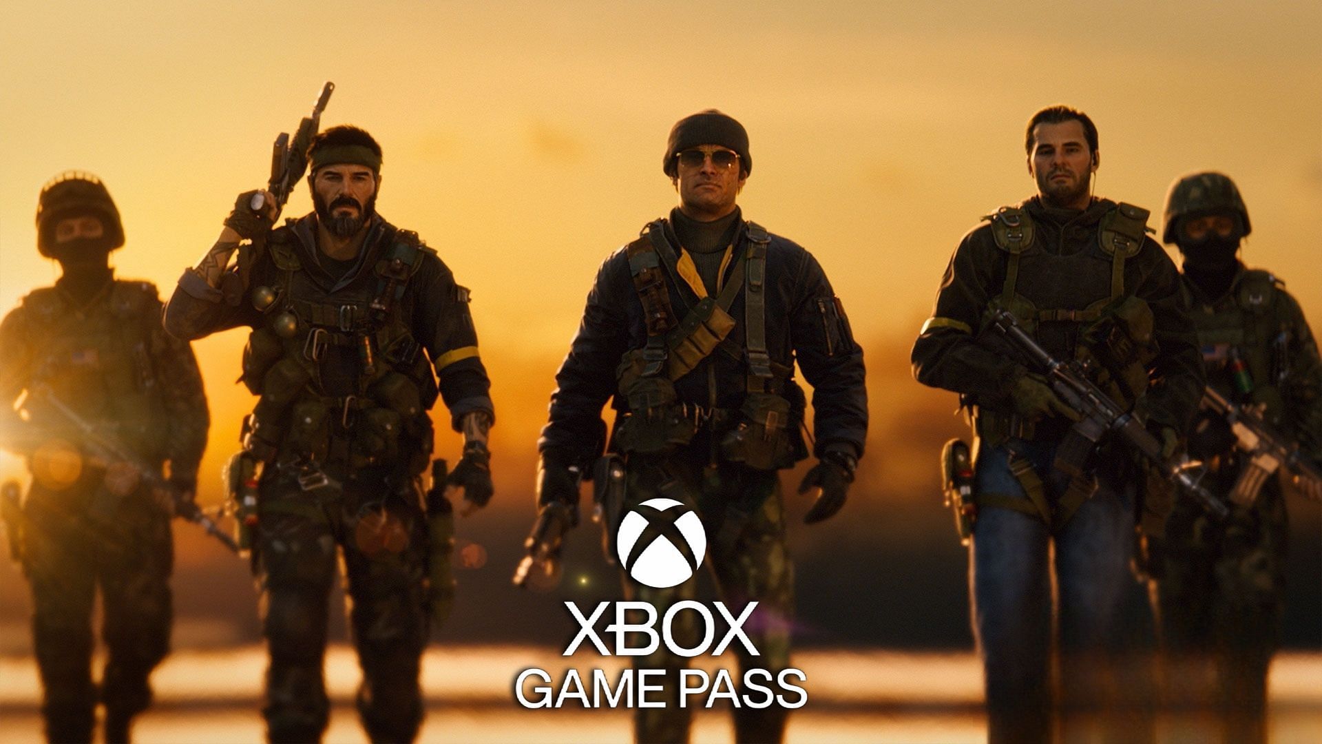 From the left, Frank Woods, Russell Adler, and Alex Mason in Black Ops with a Xbox Game Pass logo in the middle