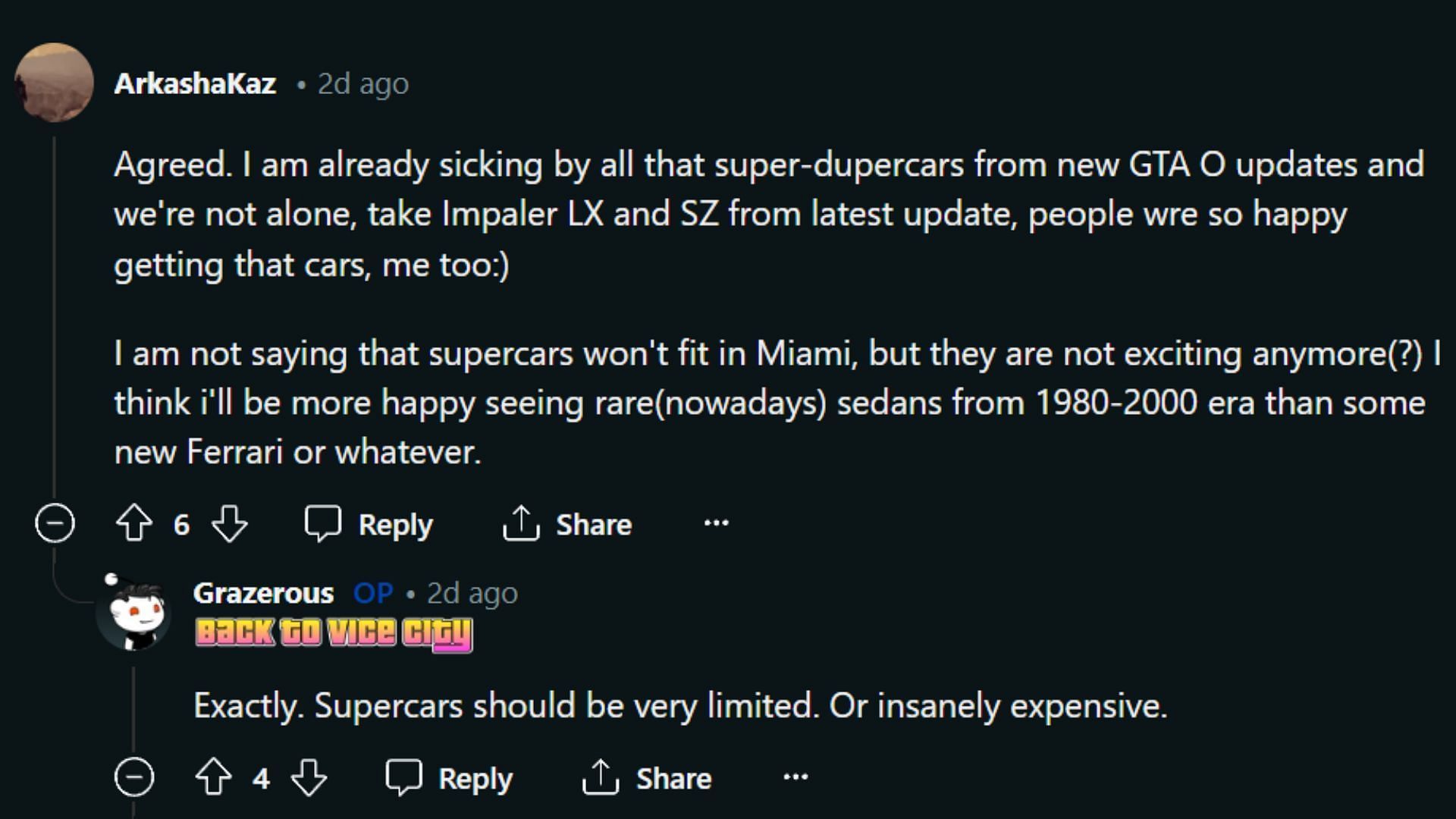 GTA 6 fans are tired of supercars and want more regular cars (2/2) (Image via r/GTA6, Reddit)