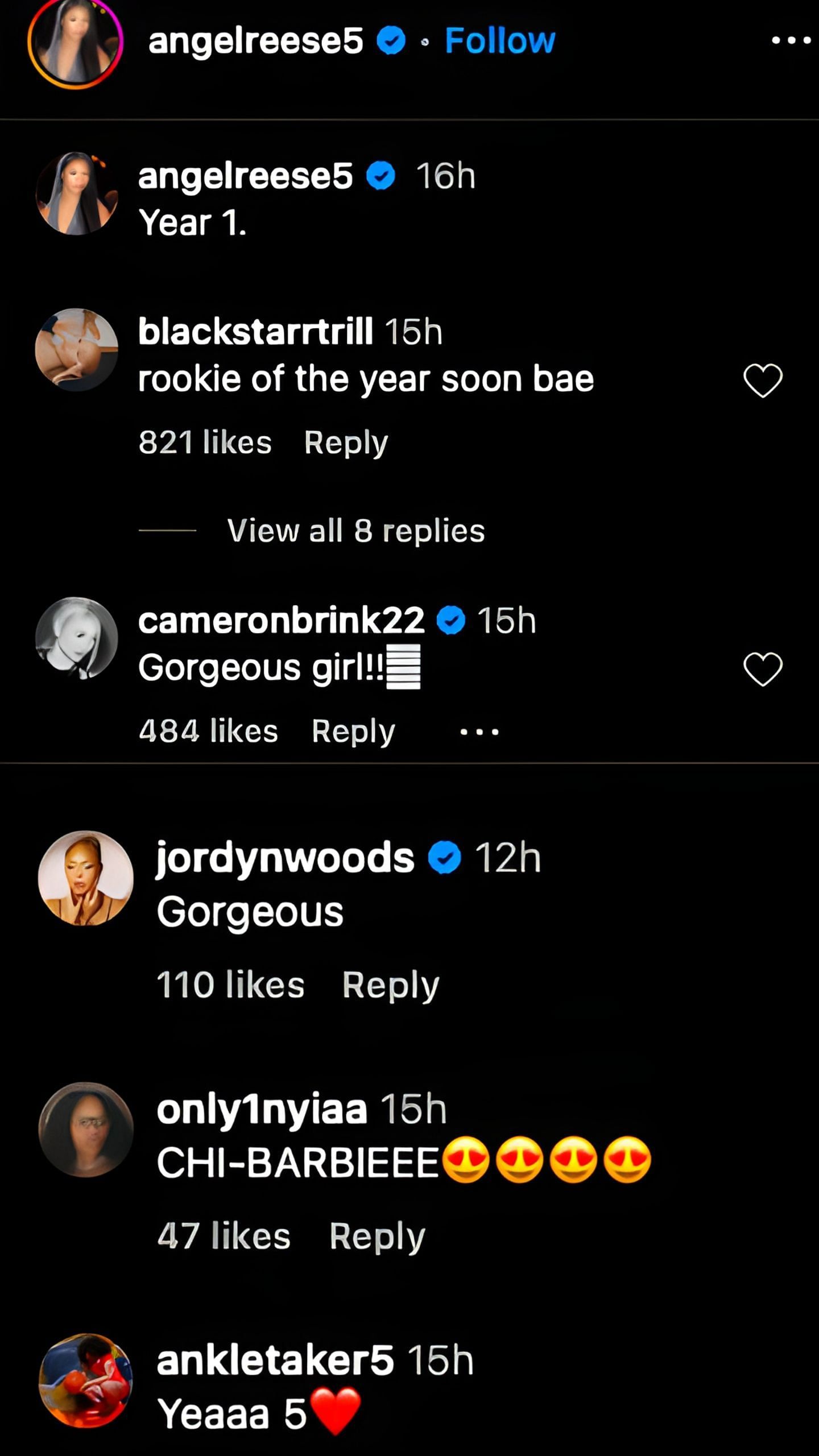 Cameron Brink and Jordyn Woods commented on Angel Reese&#039;s post