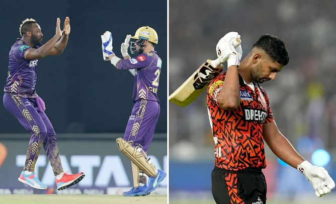 [Watch] Andre Russell's brilliant effort ends Rahul Tripathi's stay after an error in judgment with Abdul Samad in KKR vs SRH Qualifier 1