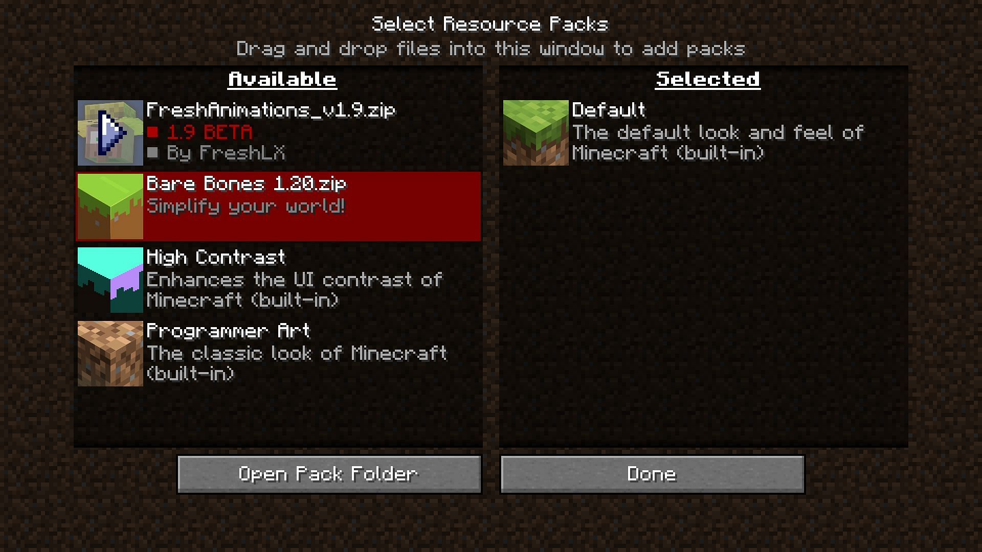 Activating Fresh Animations resource pack (Image via Mojang)