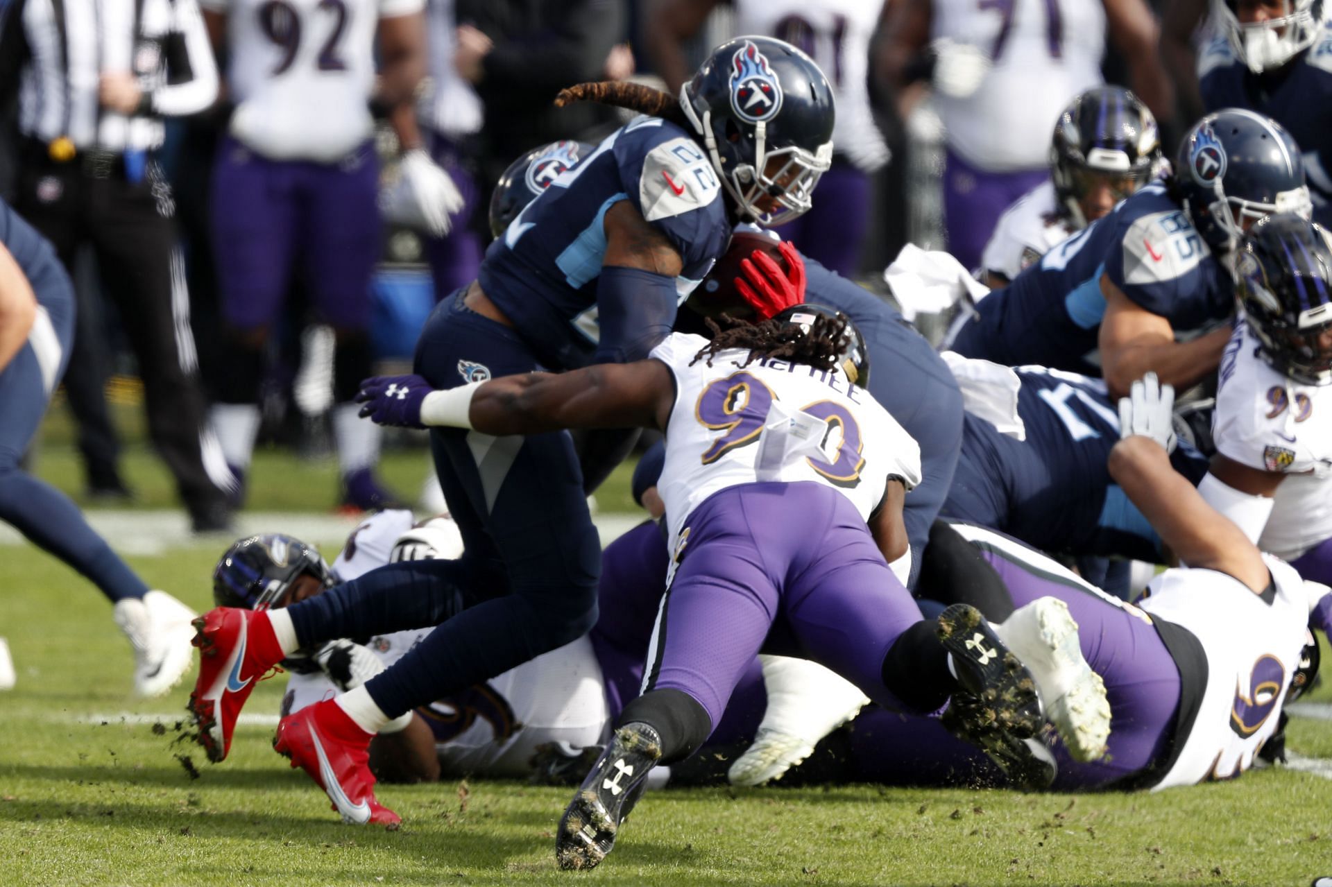 Derrick Henry during the Wild Card Round - Baltimore Ravens v Tennessee Titans