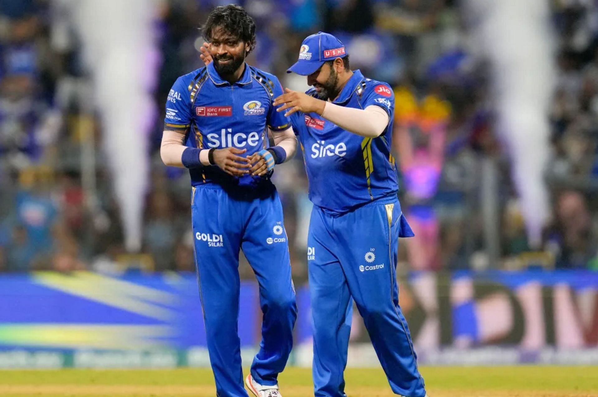 Hardik Pandya and Rohit Sharma on the field on Monday. 