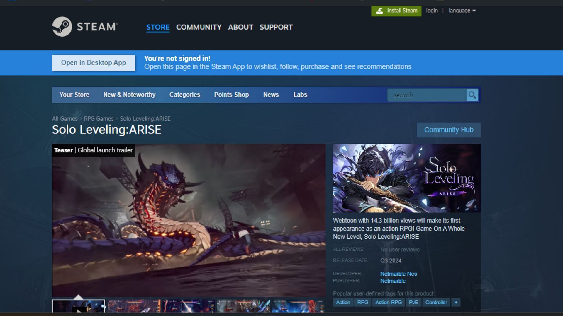 The official Steam page for Solo Leveling: Arise. (Image via Steam)